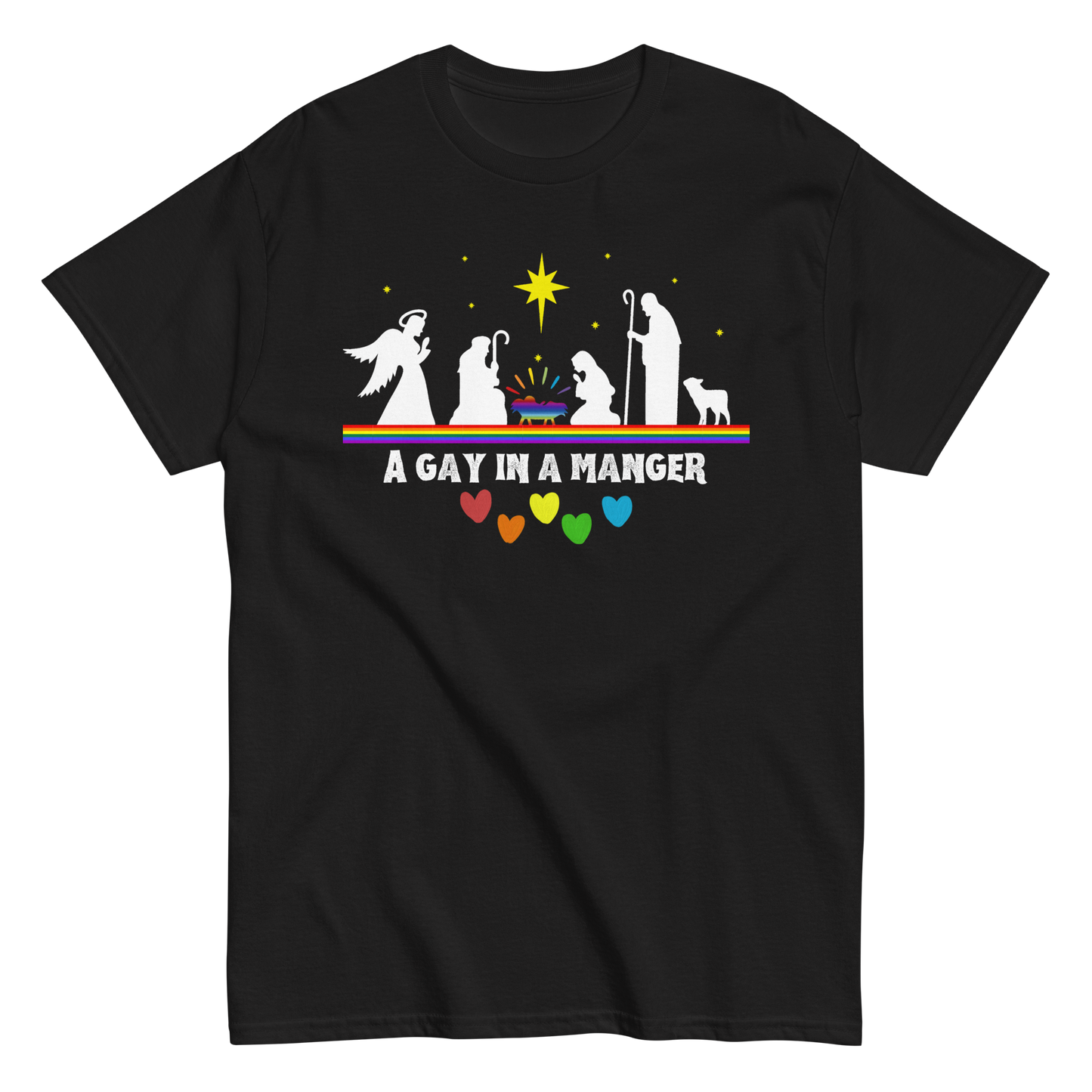 Product mockup of A Gay in a Manger T-shirt in black.