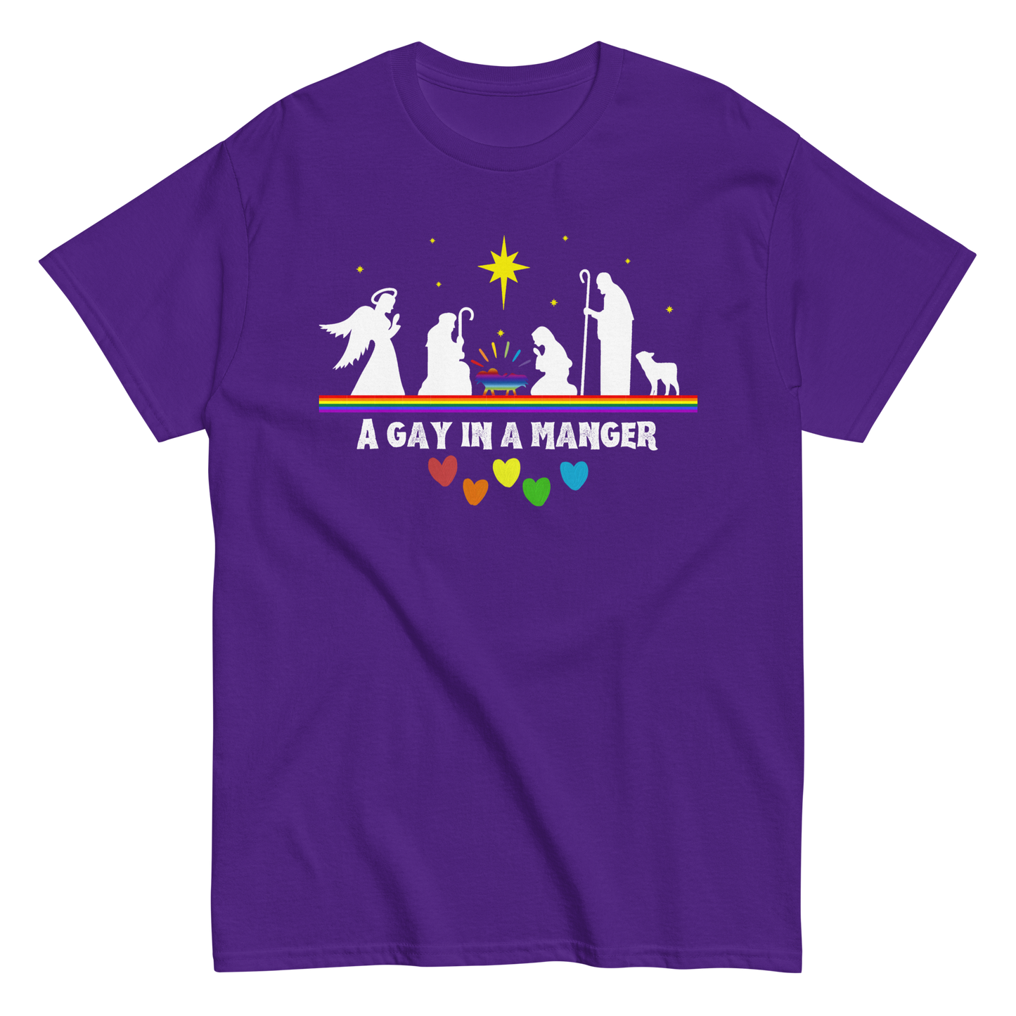 Product mockup of A Gay in a Manger T-shirt in purple.