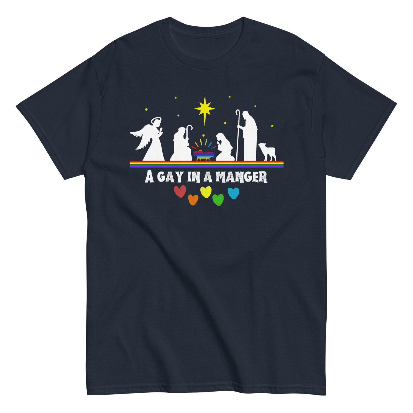 Product mockup of A Gay in a Manger T-shirt in navy blue.