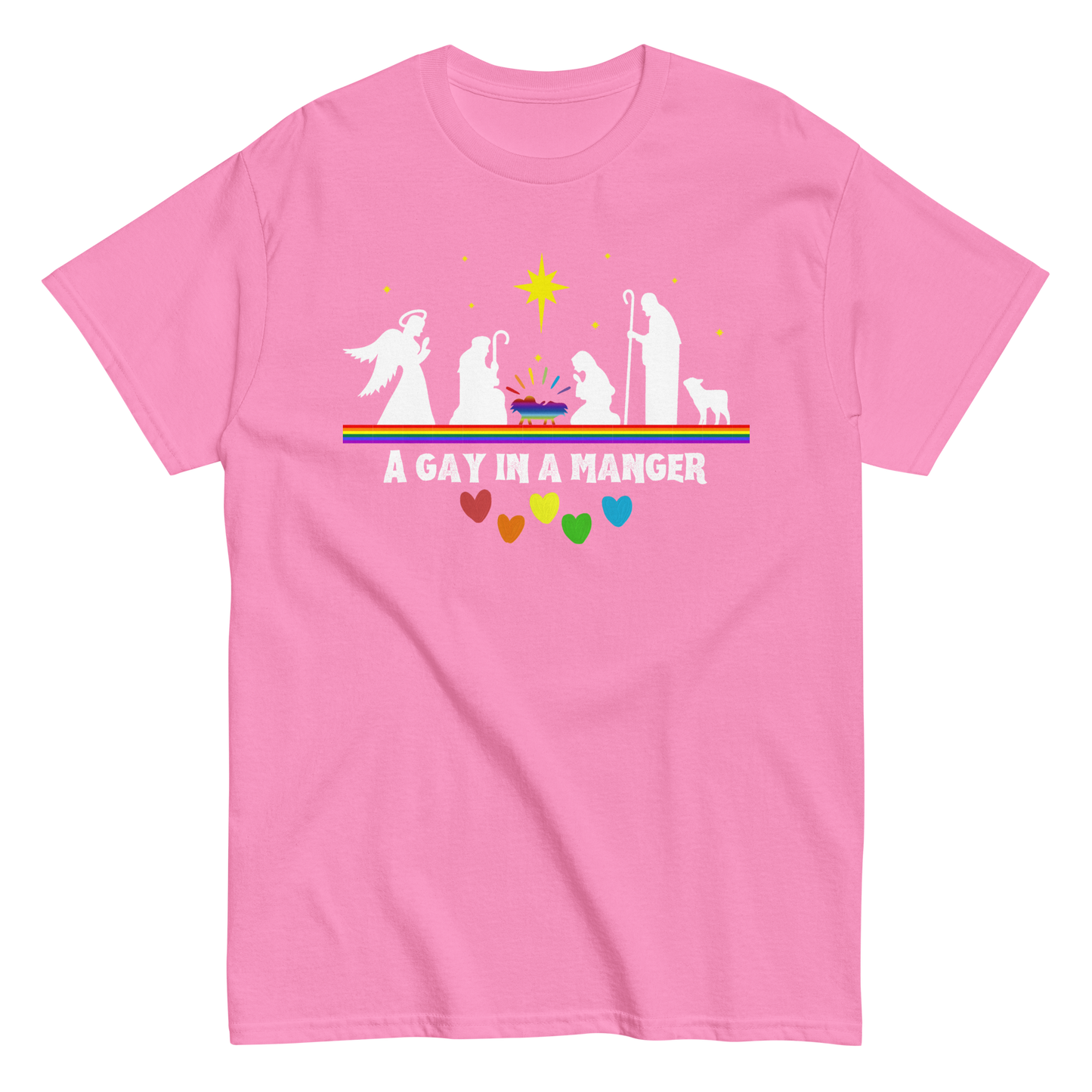 Product mockup of A Gay in a Manger T-shirt in azalea pink.