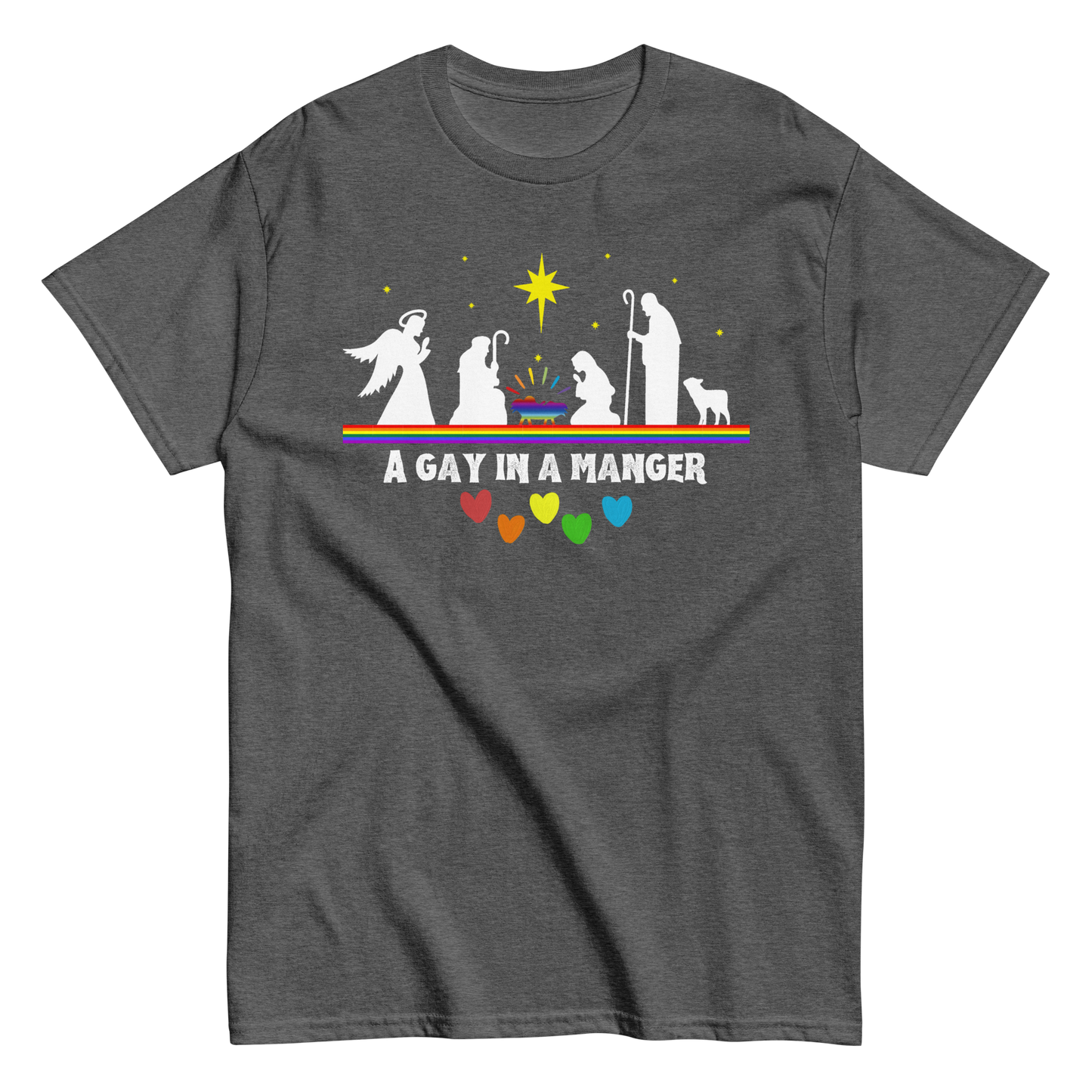 Product mockup of A Gay in a Manger T-shirt in dark grey.