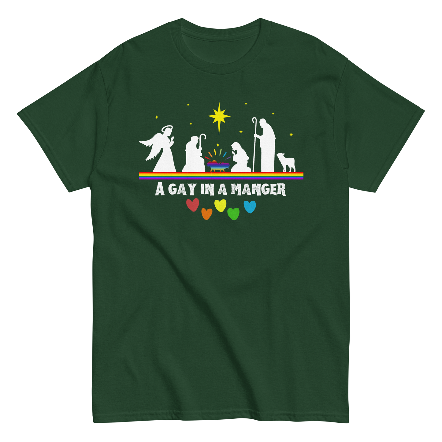 Product mockup of A Gay in a Manger T-shirt in forest green.