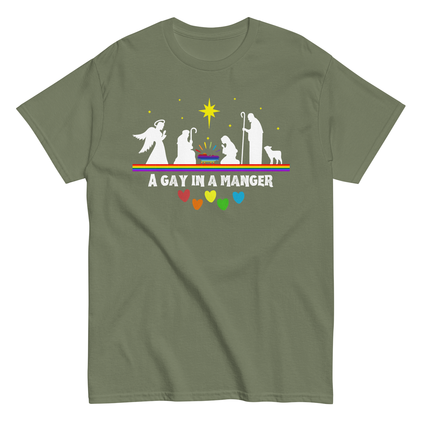 Product mockup of A Gay in a Manger T-shirt in military green.