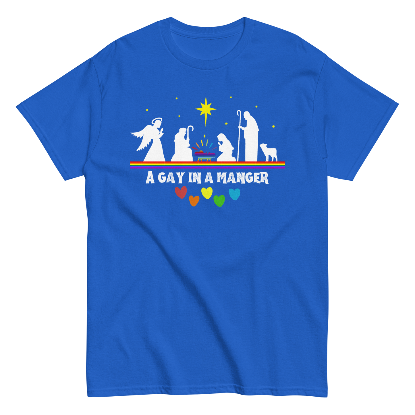 Product mockup of A Gay in a Manger T-shirt in royal blue.