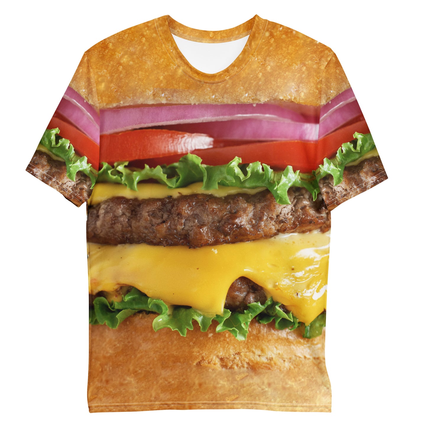 Men's all over print cheeseburger T-shirt front view laid flat