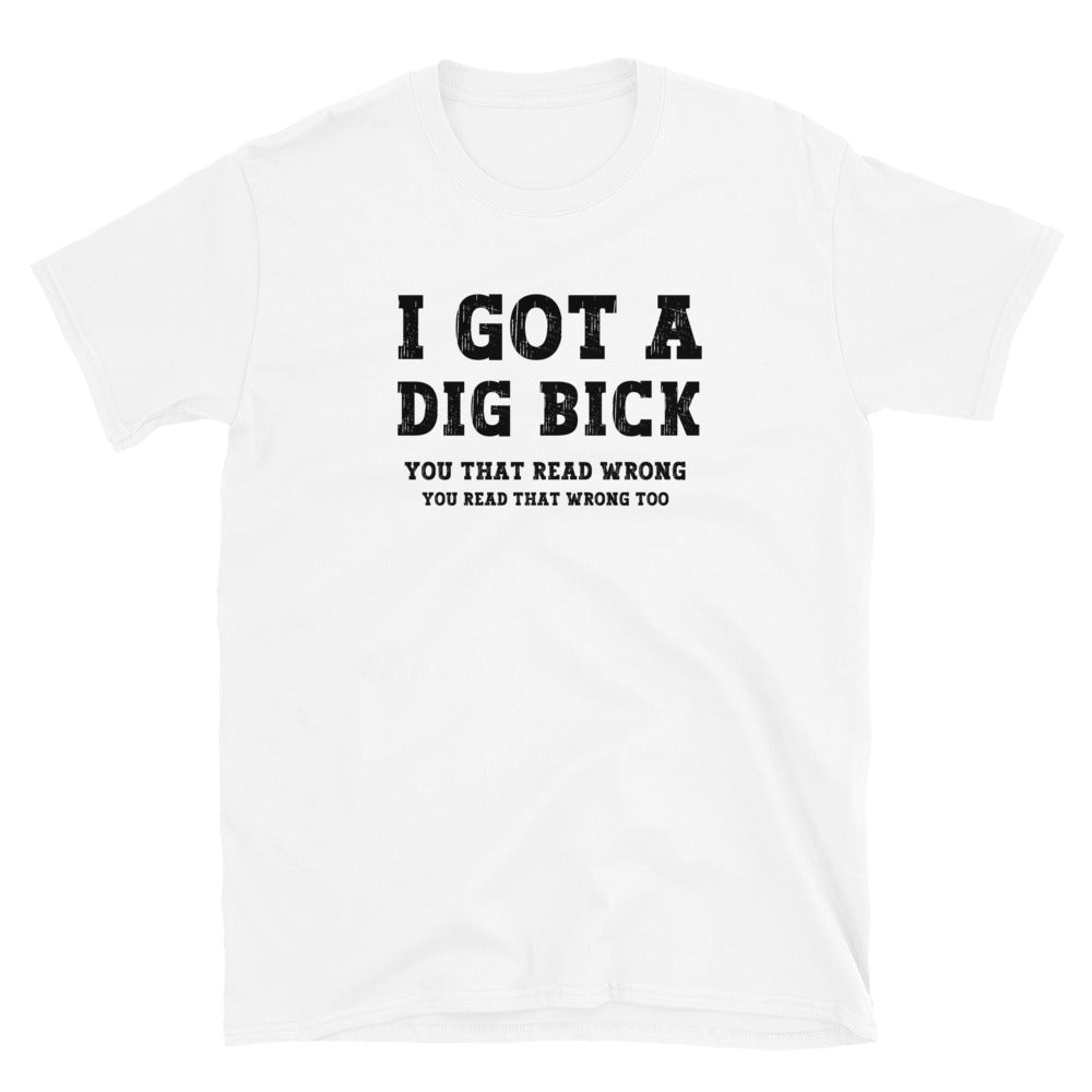 I got a Dig Bick Optical Illusion T-shirt that reads 'I got a Dig Bick, You That Read Wrong, You read that wrong too'. white t-shirt black letters.