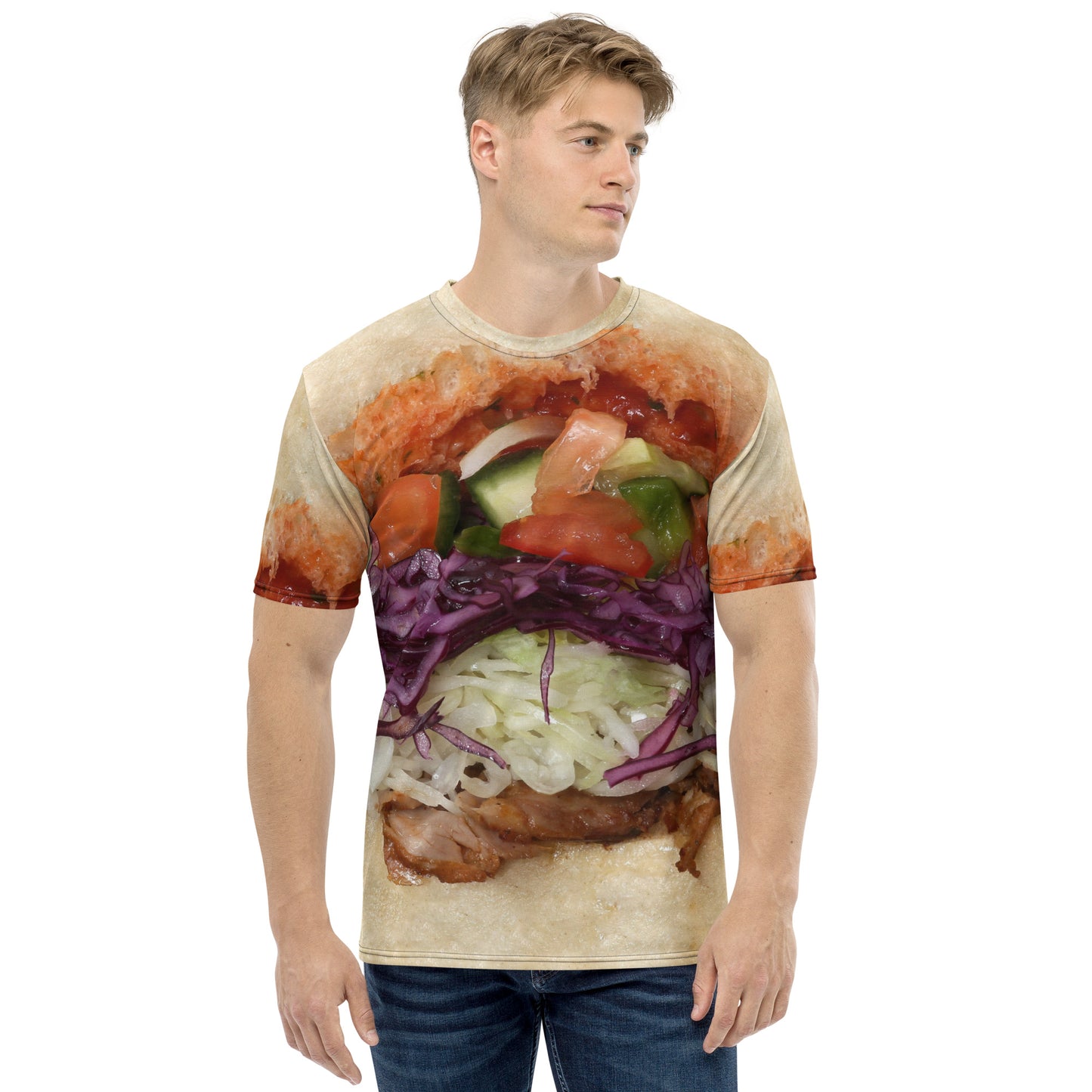 Doner kebab with chilli sauce and salad all over print men's T-shirt male model front view