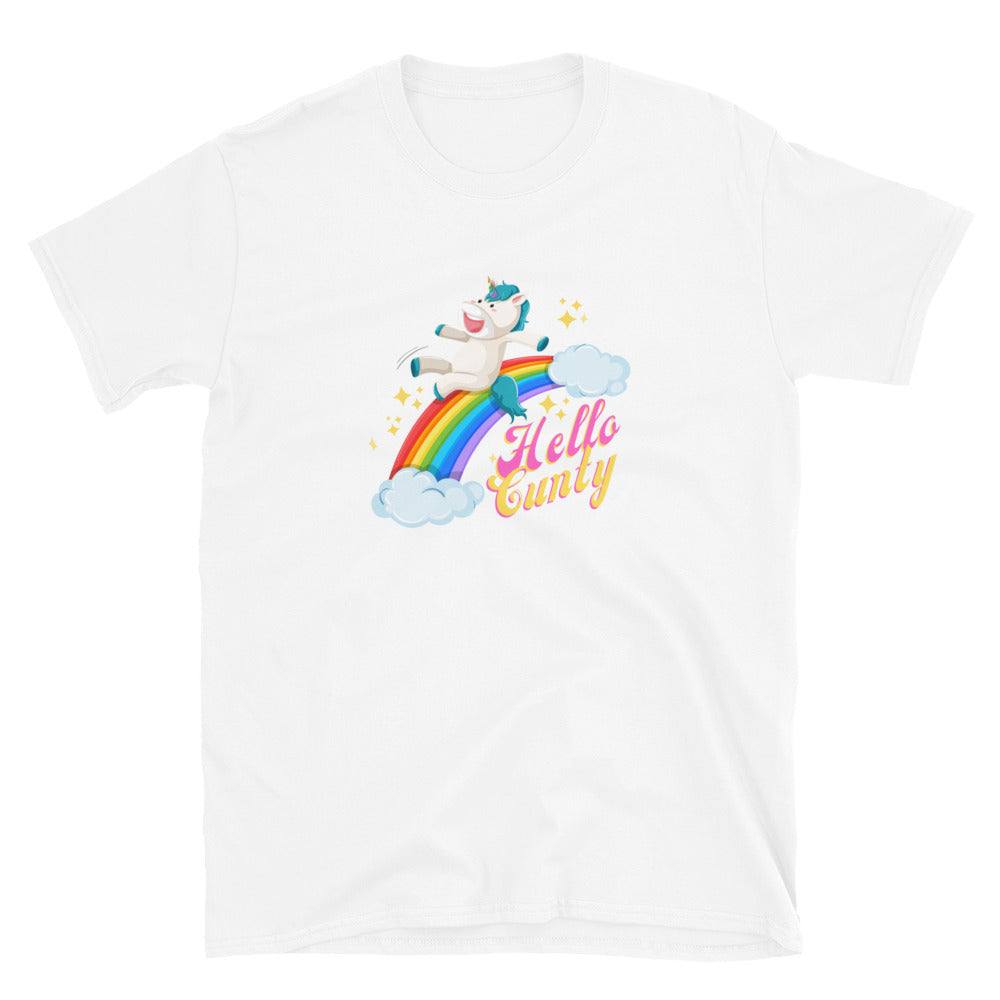 Possibly offensive T-shirt that has a unicorn sliding down a rainbow on it with text that reads Hello Cunty, white.