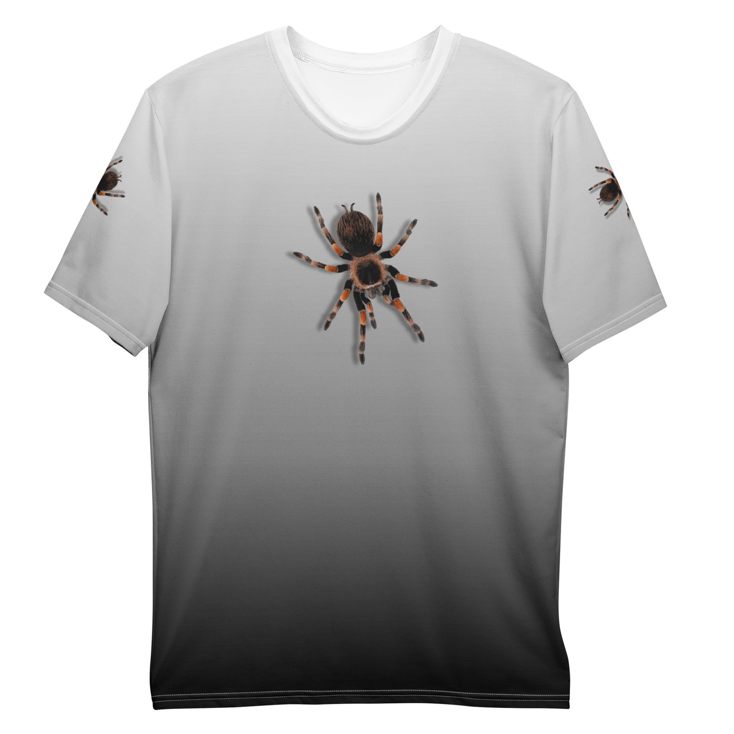 Men's 3D Tarantula spiders all over print T-shirt, with realistic tarantulas on both arms, front and back of shirt. Shirt colour is monochrome gradient. Laid flat, front view.