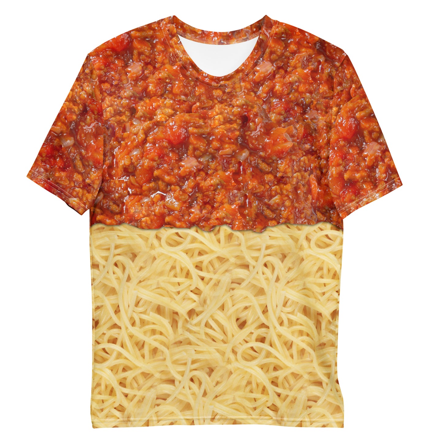 Spaghetti bolognese all over print men's novelty T-shirt, laid flat front.