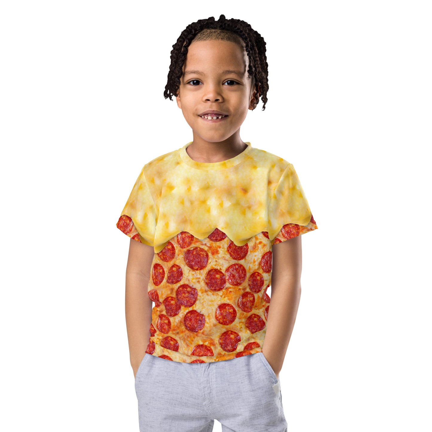 little boy wearing an all over print pepperoni pizza kid's t-shirt with cheese melting down from his shoulders, front view