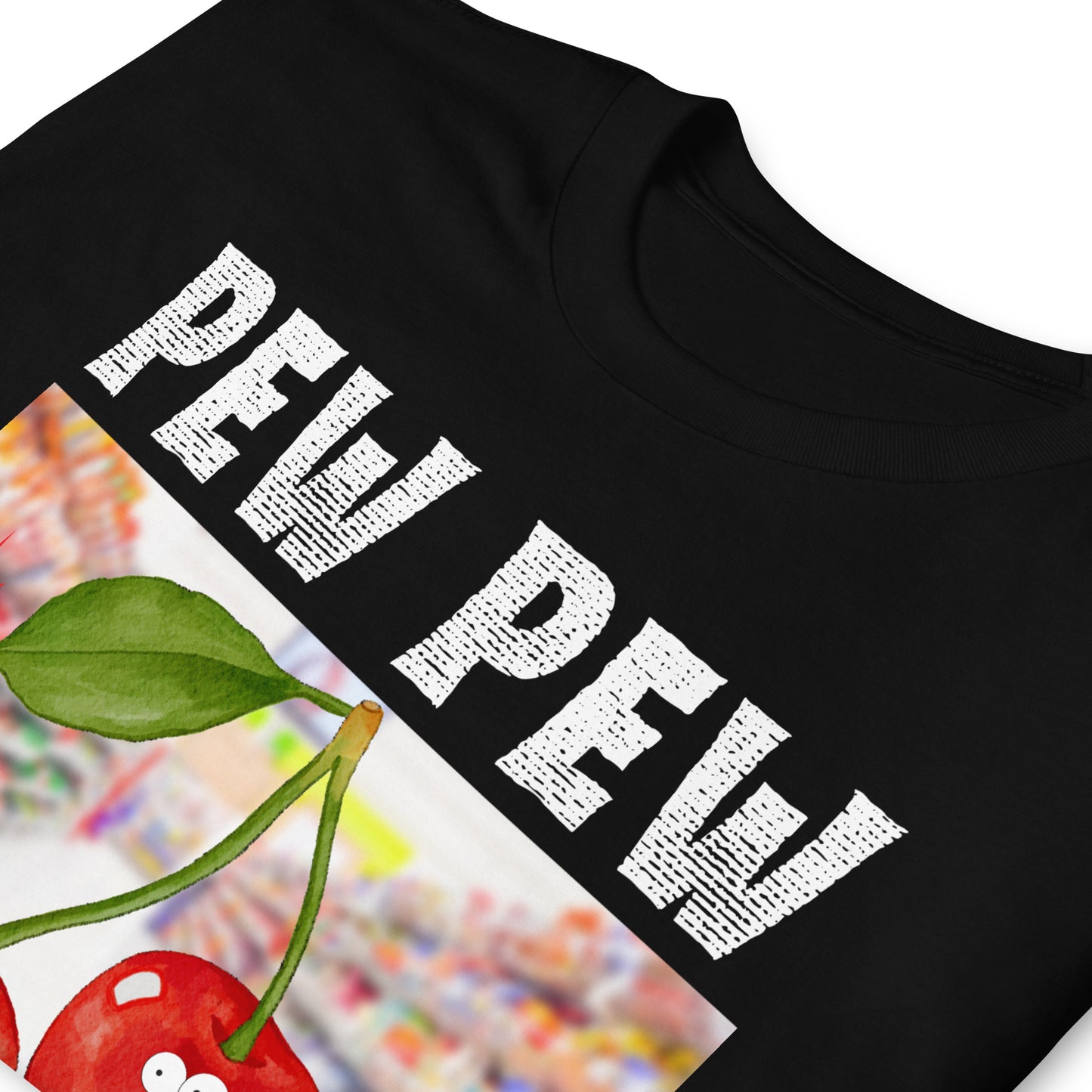 Funny Pew Pew Madafakas T-shirt, cherry shoots up a supermarket design on a black shirt