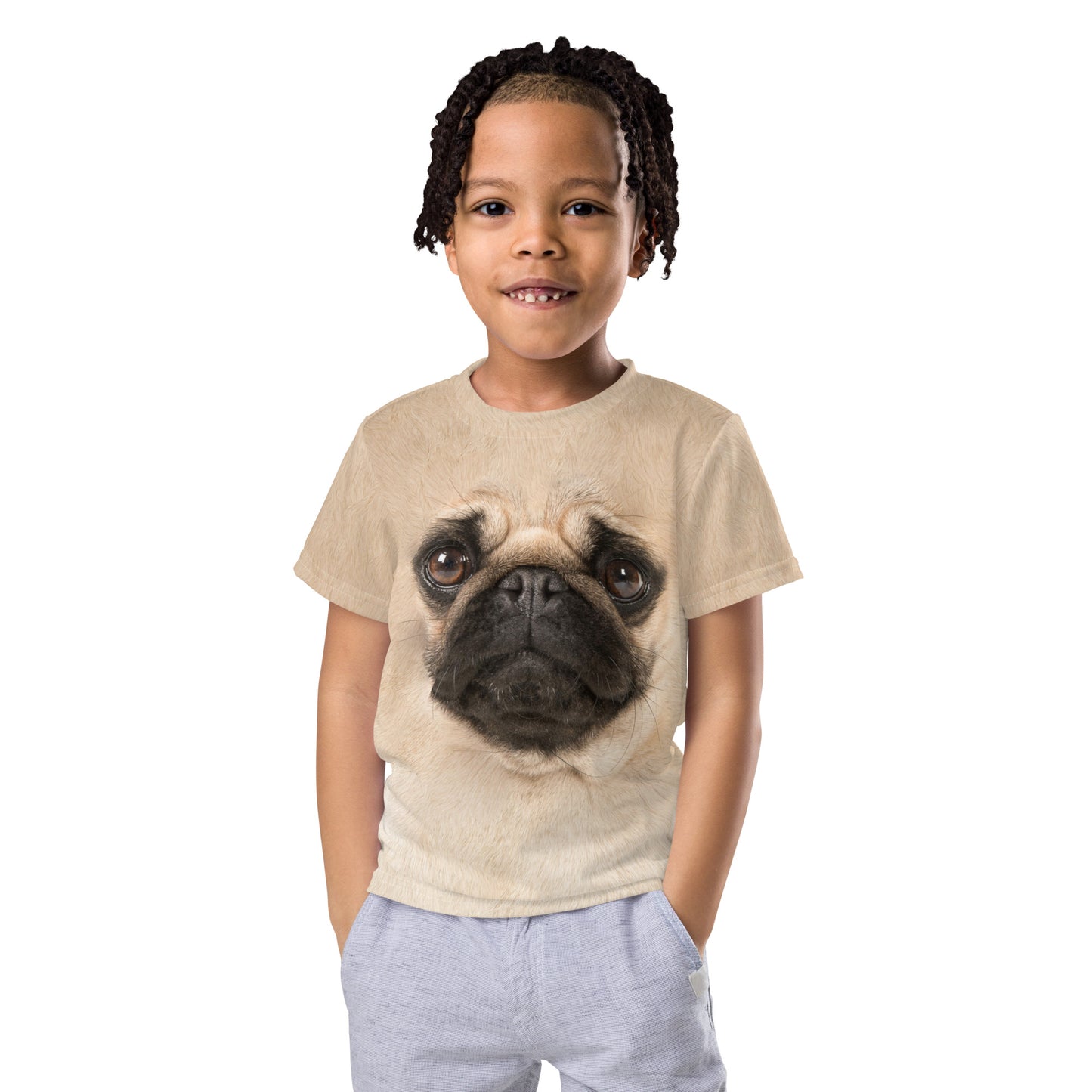 Little boy wearing Pug Dog Face all over print kid's fawn colour T-shirt, front view