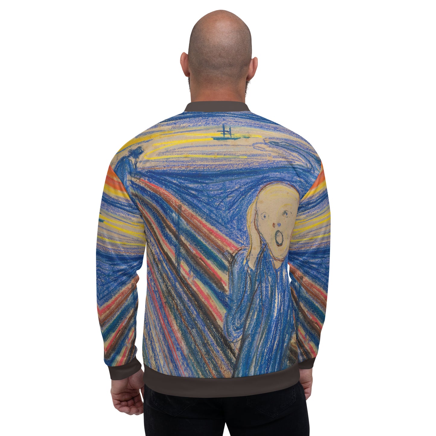 Lightweight bomber style jacket printed all over with Edvard Munch's The Scream. Male model back view.