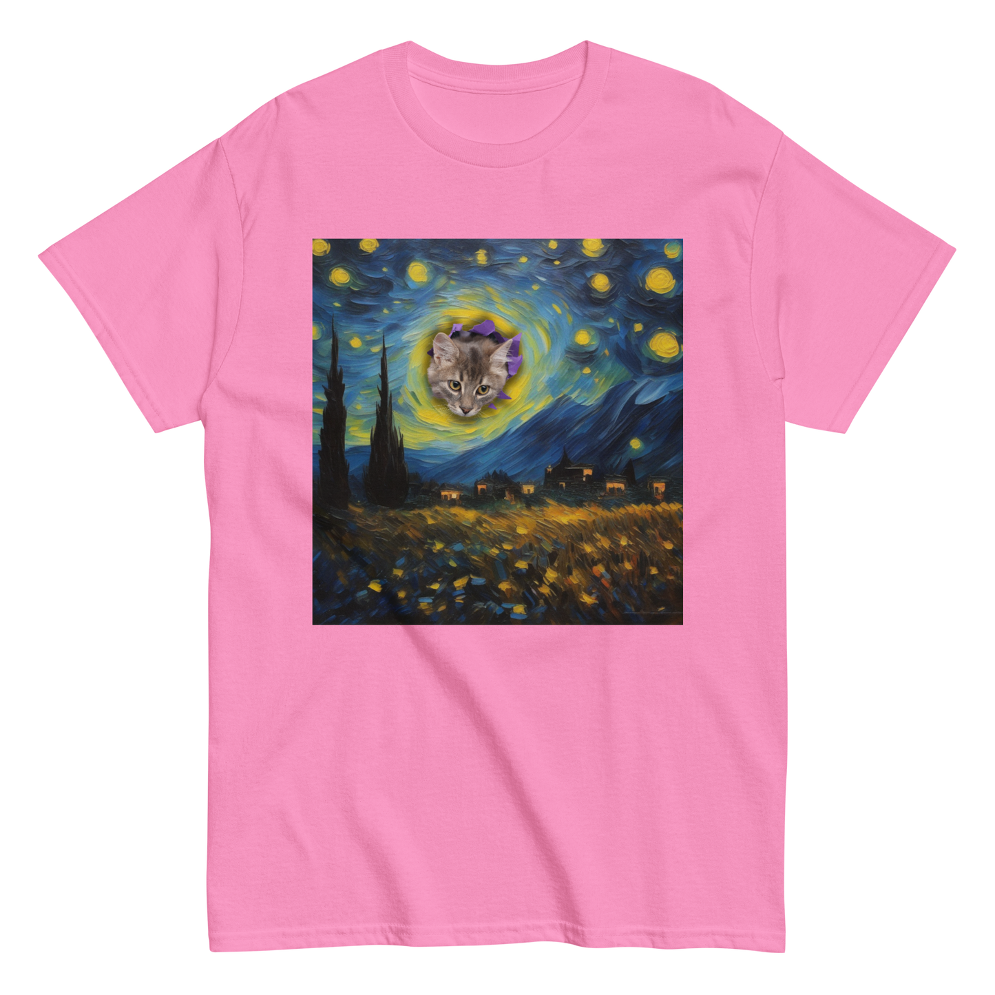 Funny Van Gogh Starry Night Cat T-shirt, pink.