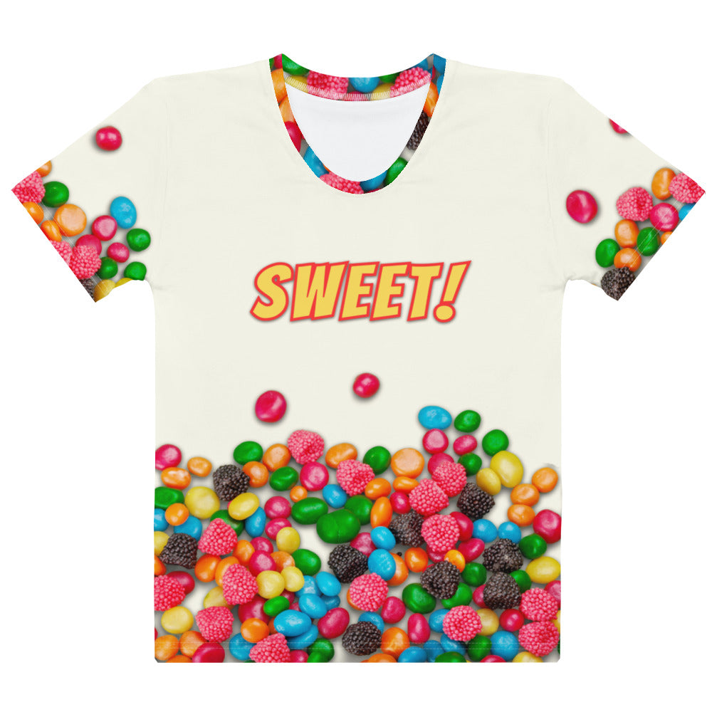 All over print colourful Candy print T-shirt with SWEET! on the front, laid flat, front.