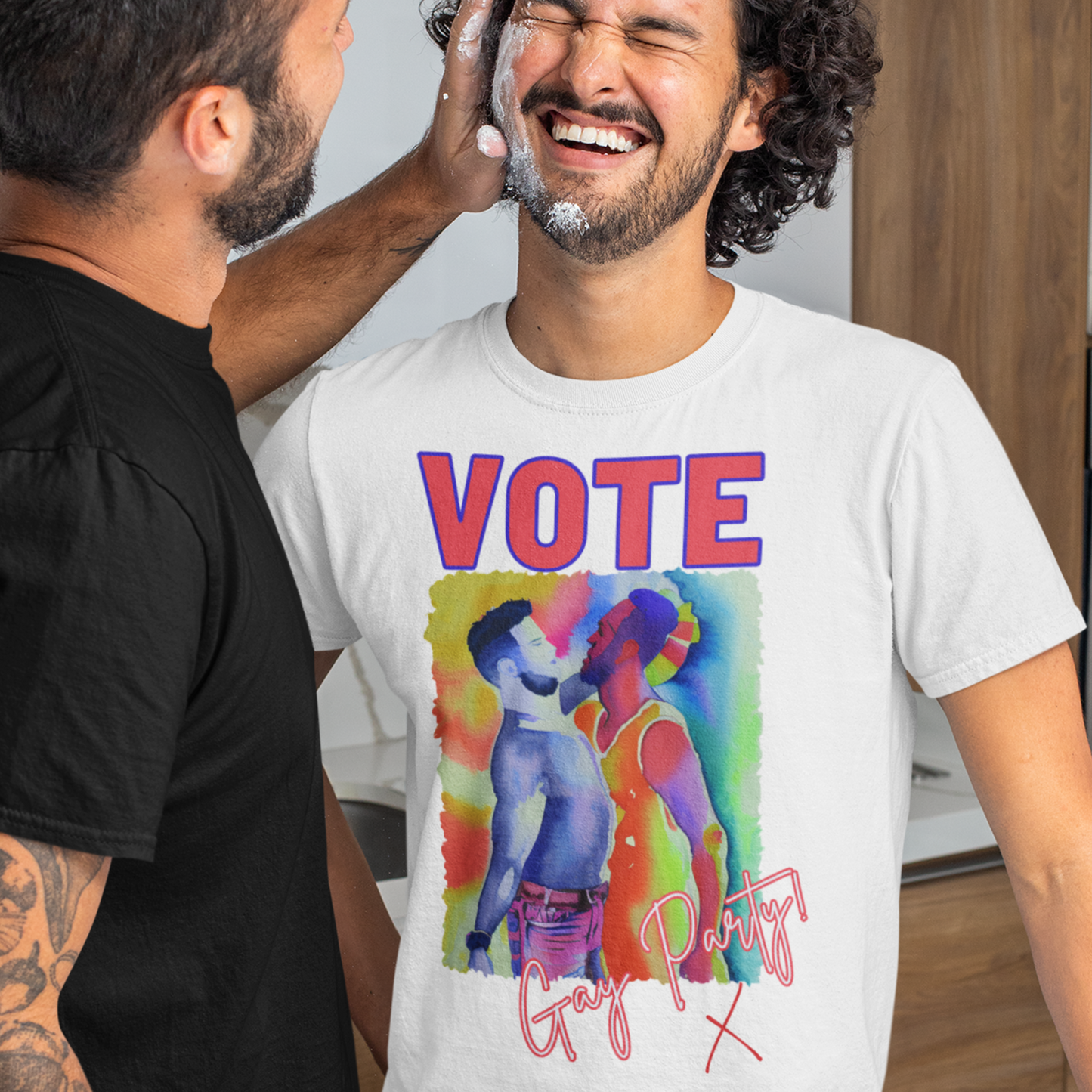 Male model wearing a white funny VOTE GAY PARTY! T-shirt with an image of two men dancing