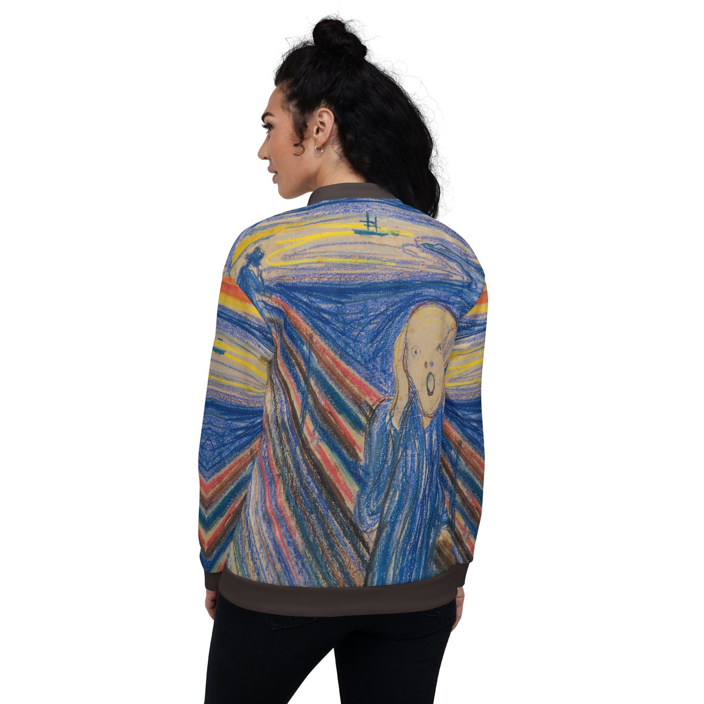 Lightweight bomber style jacket printed all over with Edvard Munch's The Scream. Female model rear view.