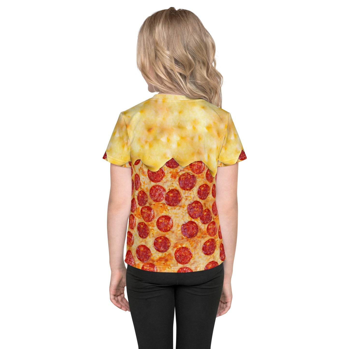 little girl wearing a pepperoni pizza kid's all over print t-shirt with melting cheese, back view