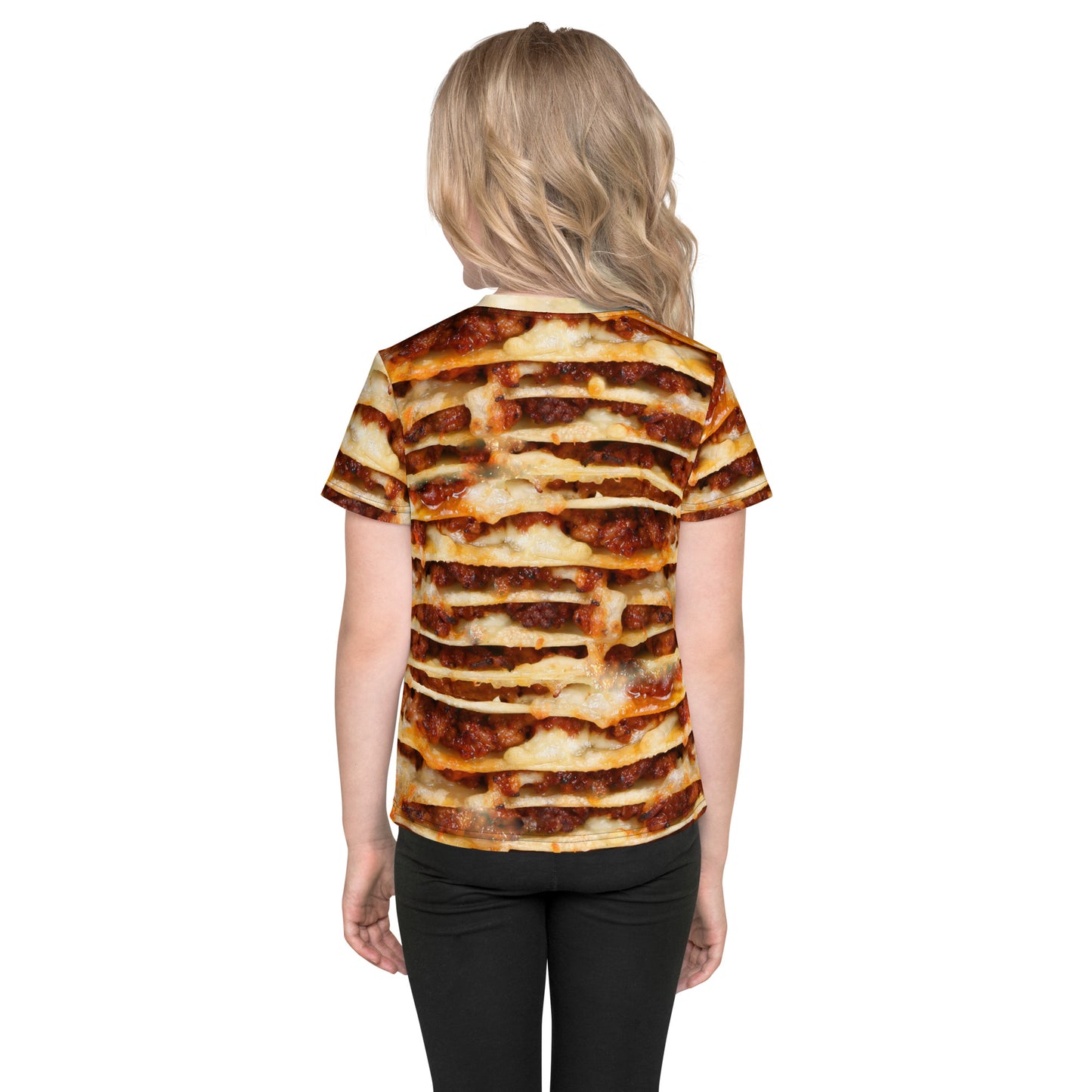 little girl wearing all over print lasagne layers kid's T-shirt, rear view
