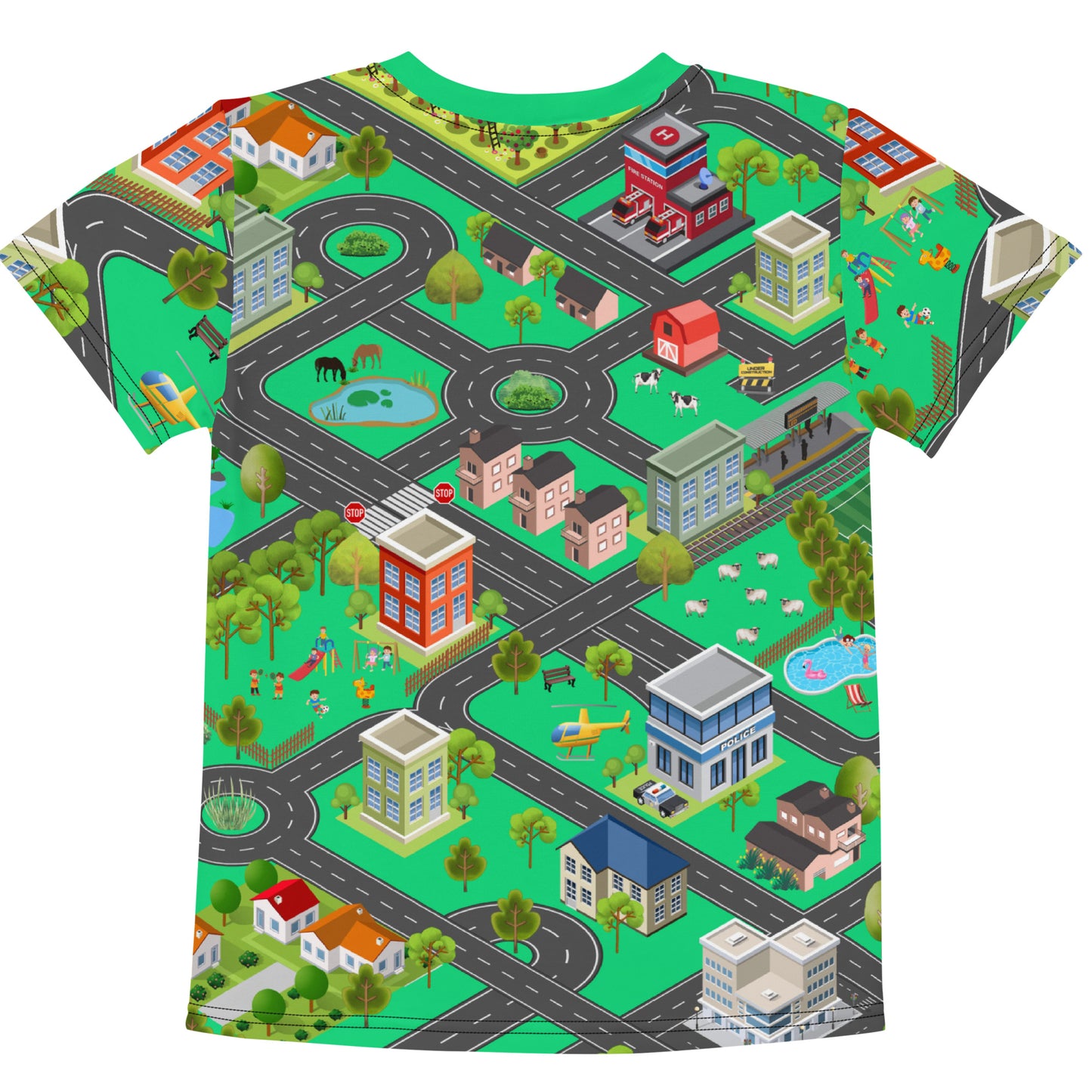 kid's play mat all over print playmat t-shirt, rear view laid flat
