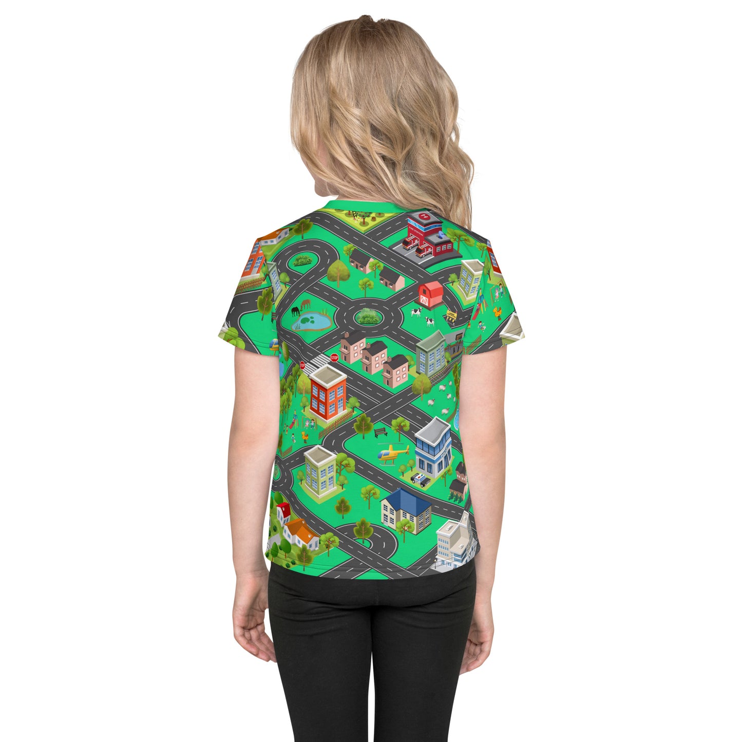 little girl wearing kid's play mat all over print playmat t-shirt, rear view