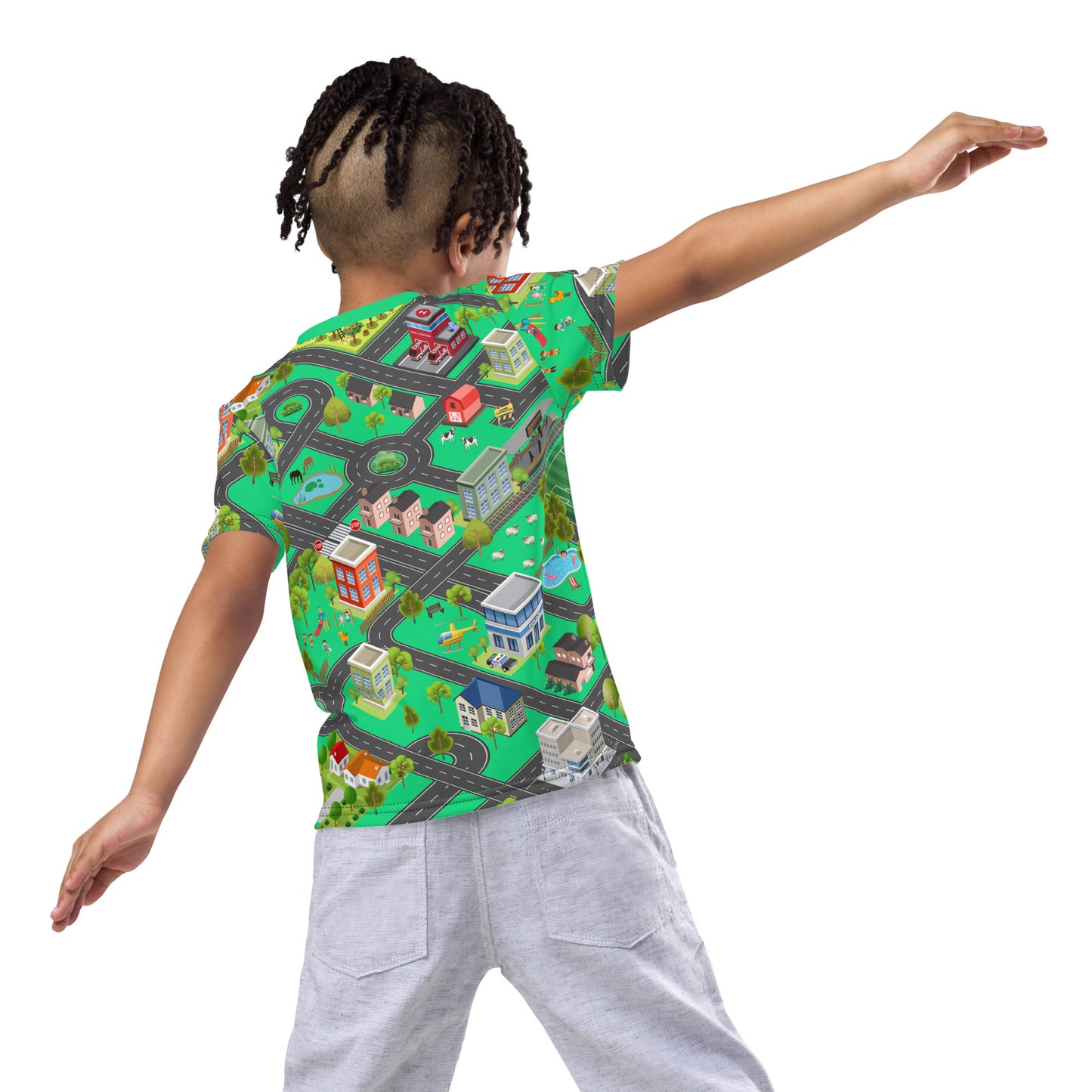 kid's play mat all over print playmat t-shirt, rear view of boy playing