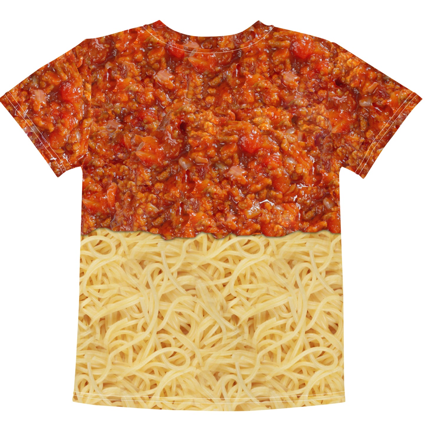 Kid's spaghetti bolognese all over print T-shirt, laid flat, back.