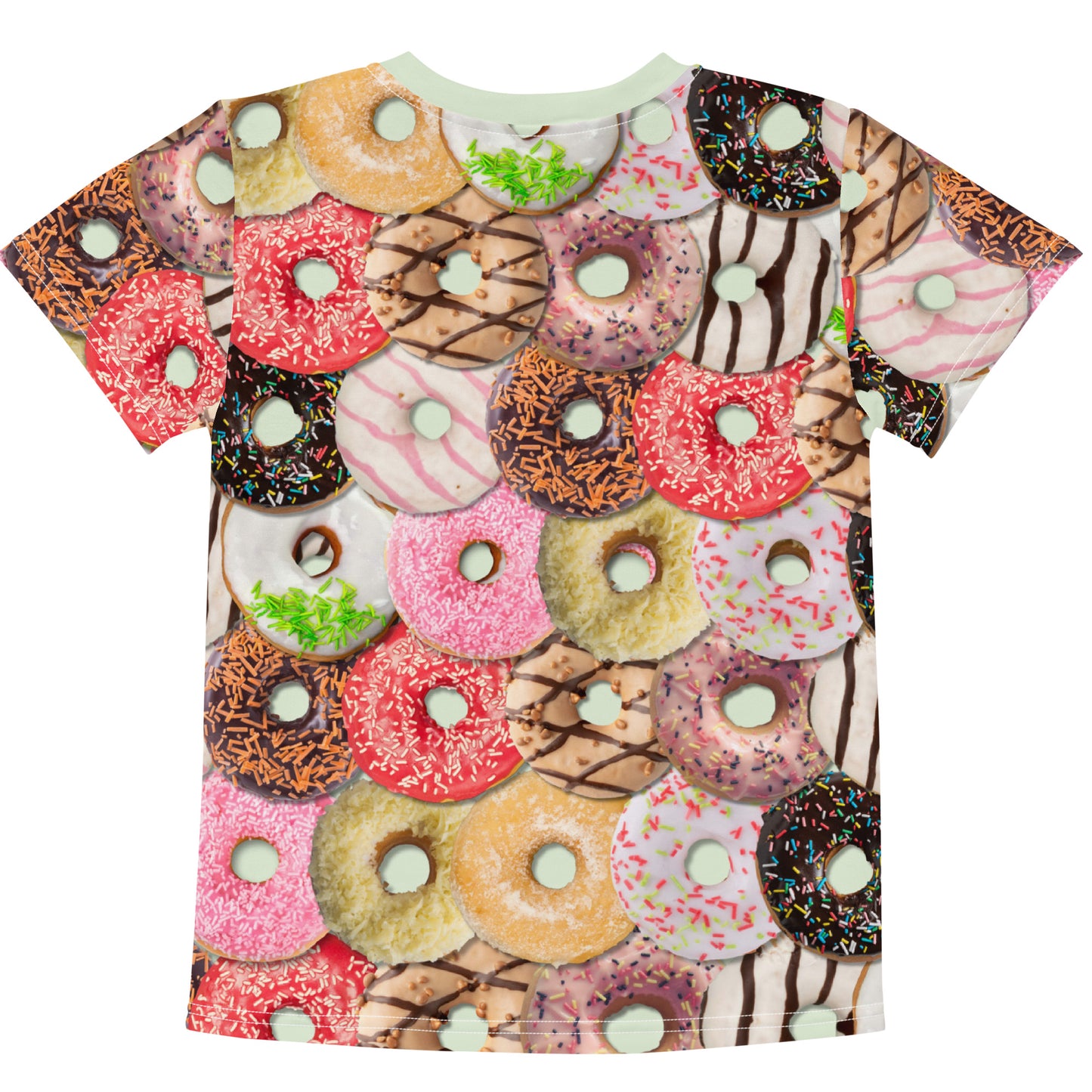 Colourful iced doughnuts all over print T-shirt, laid flat, rear view.