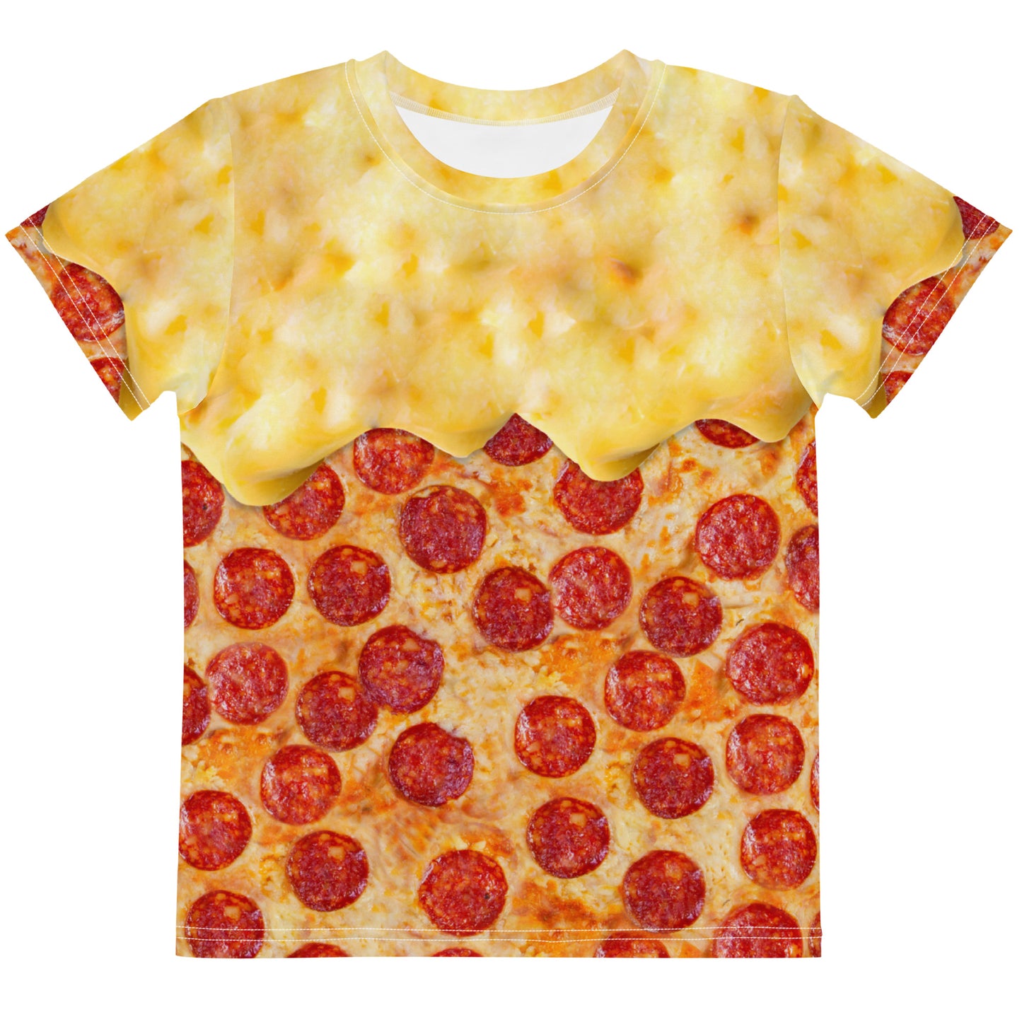 pepperoni pizza with melting cheese kid's all over print t-shirt, front view laid flat