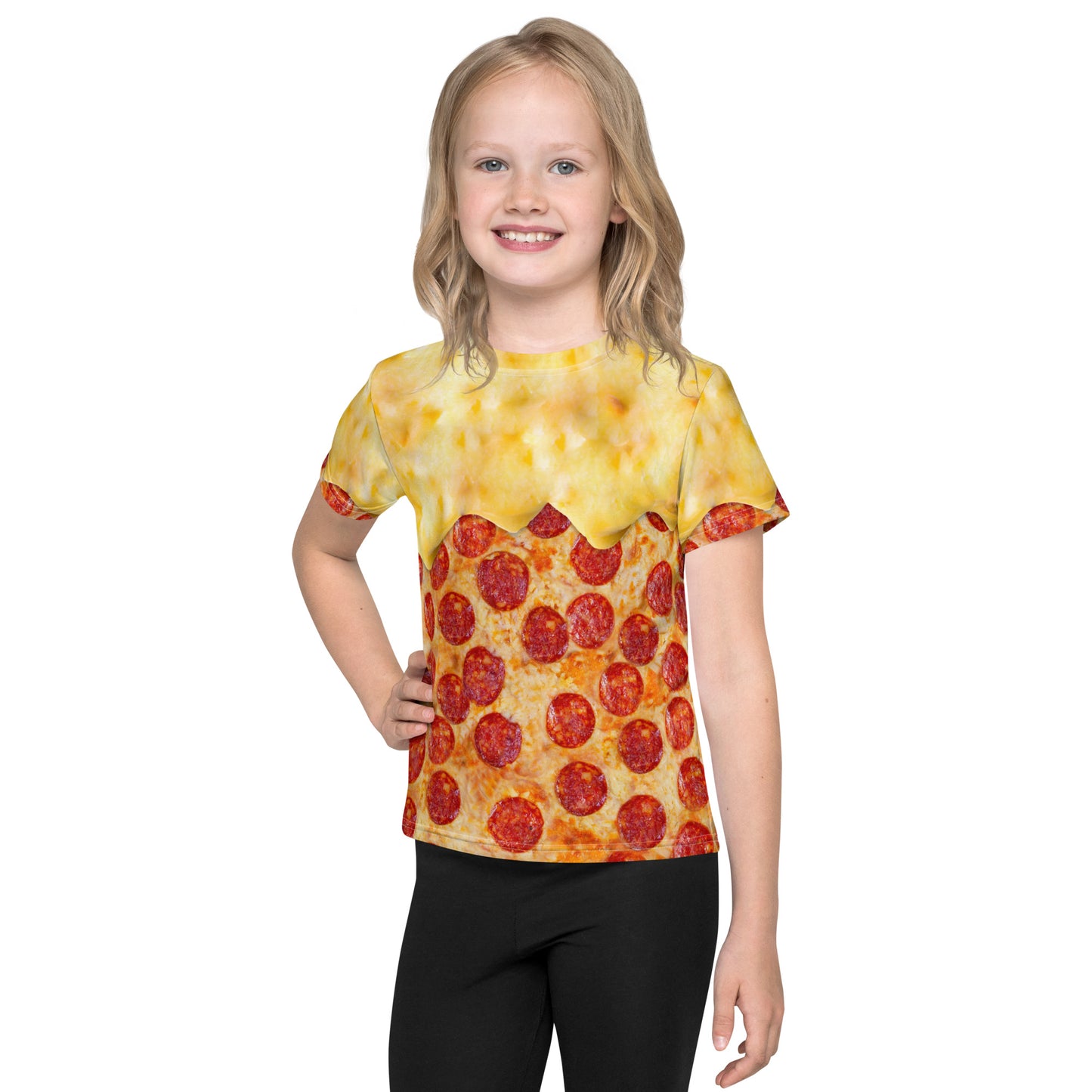 little girl wearing a pepperoni pizza kid's all over print t-shirt with melting cheese, front view