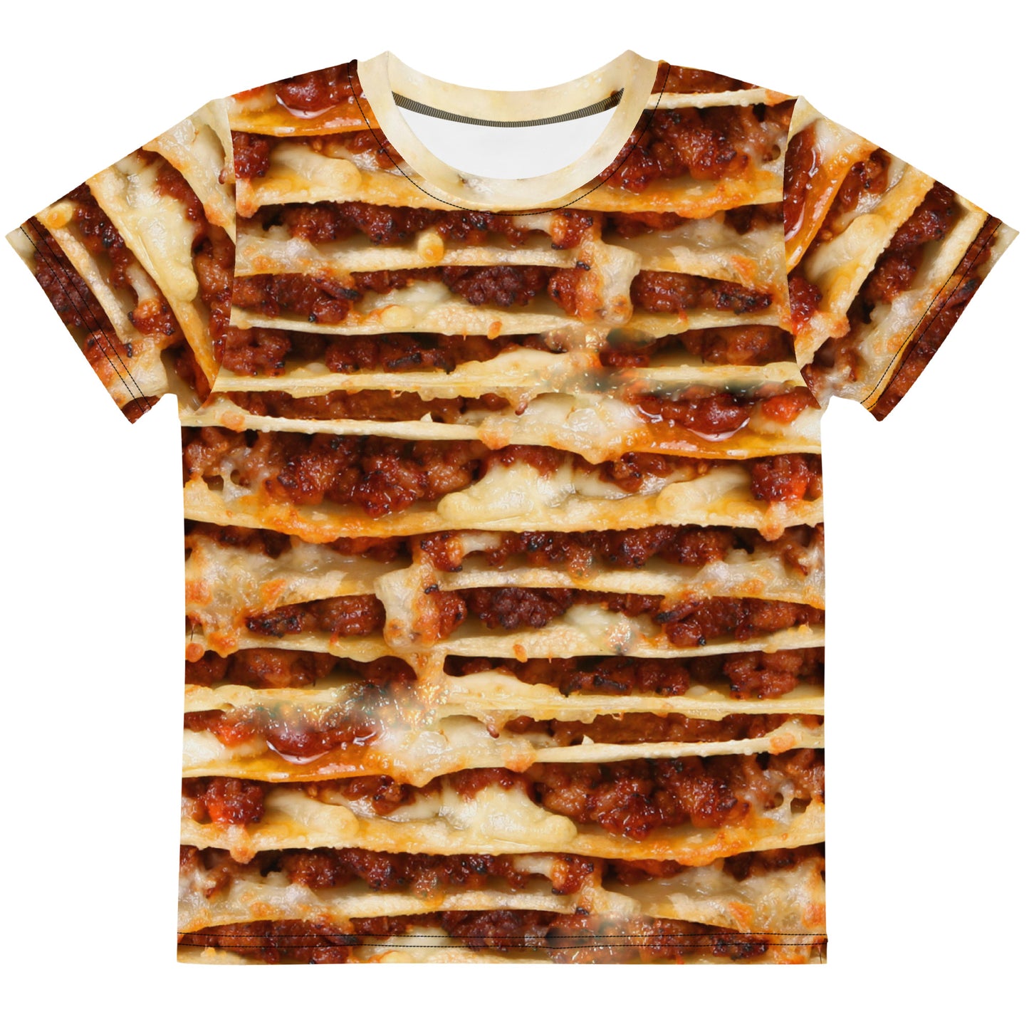 kid's all over print lasagne layers T-shirt, front view laid flat