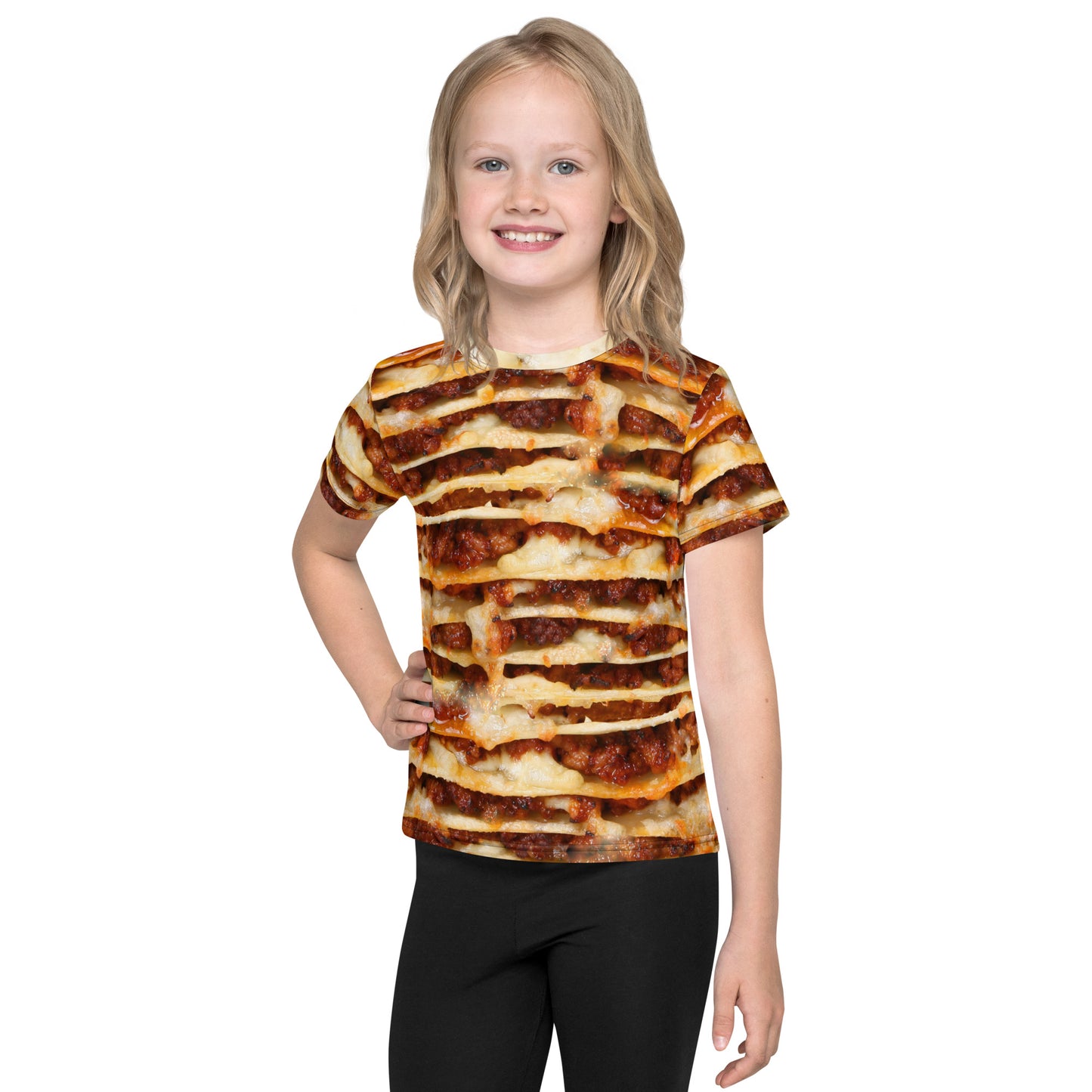 little girl wearing all over print lasagne layers kid's T-shirt