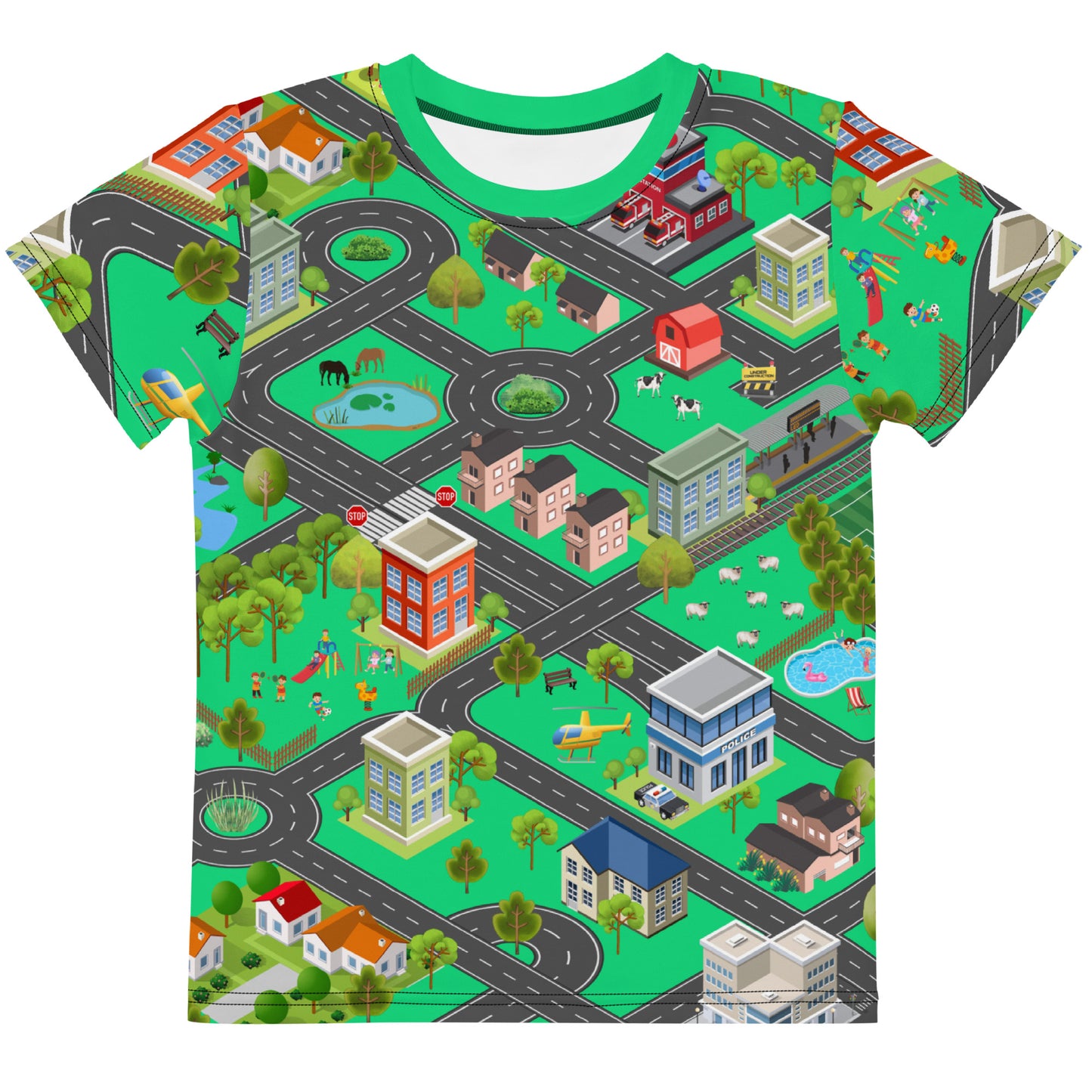 kid's play mat all over print playmat t-shirt, front view laid flat