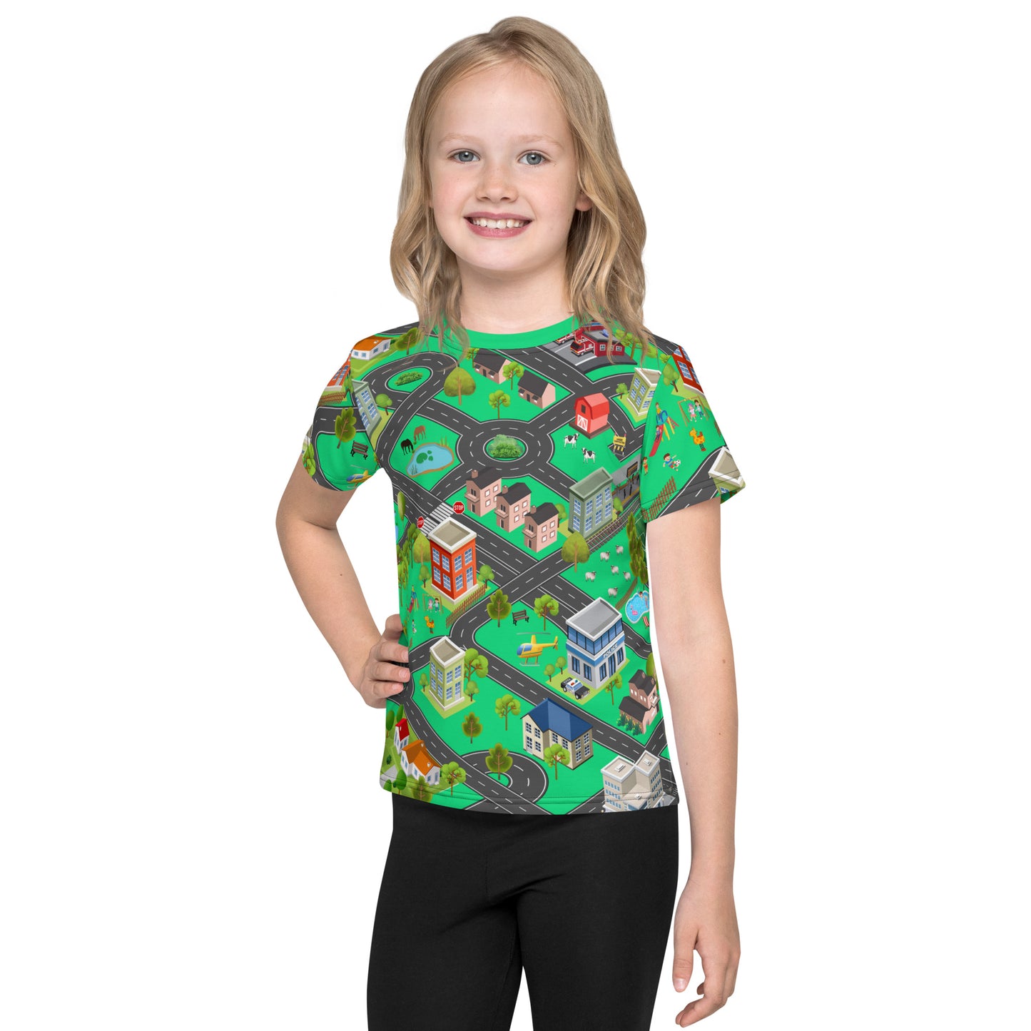 little girl wearing kid's play mat all over print playmat t-shirt, front view