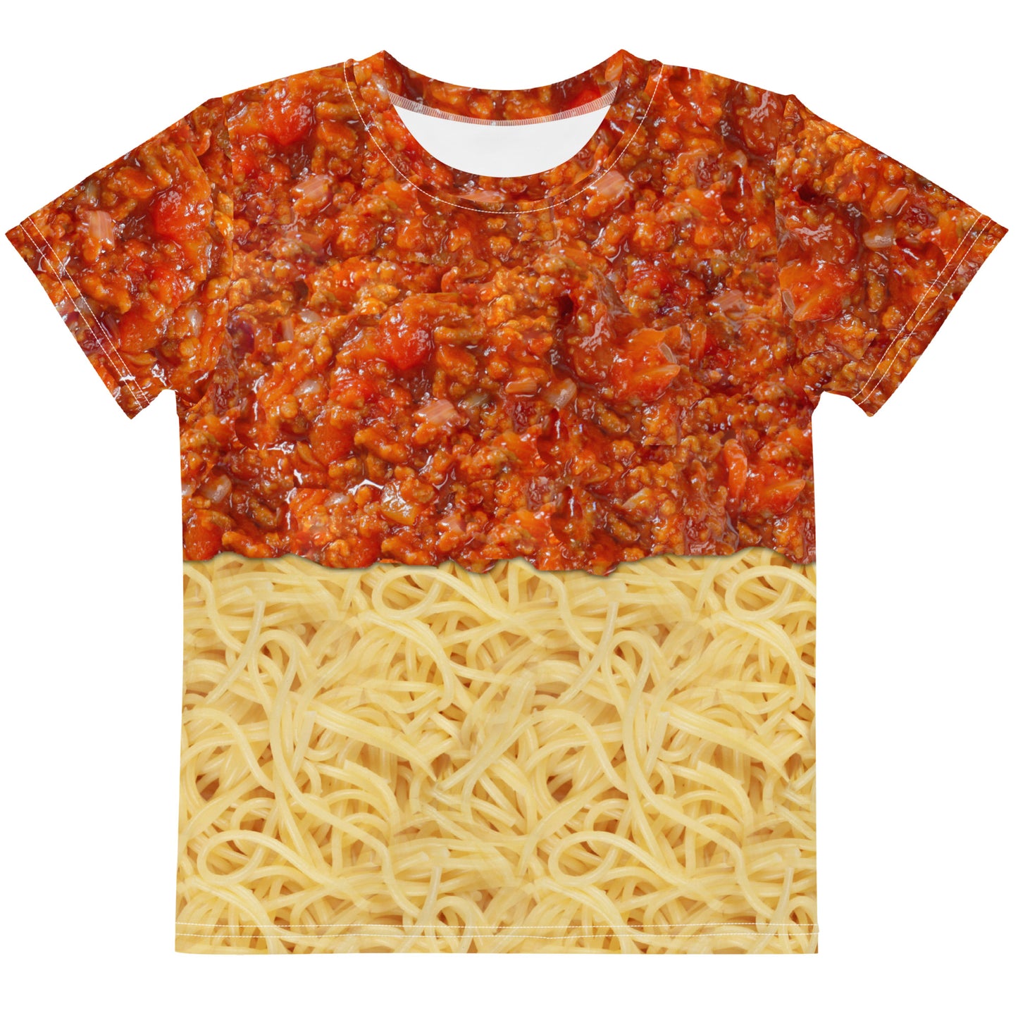 kid's spaghetti bolognese all over print T-shirt, laid flat, front.