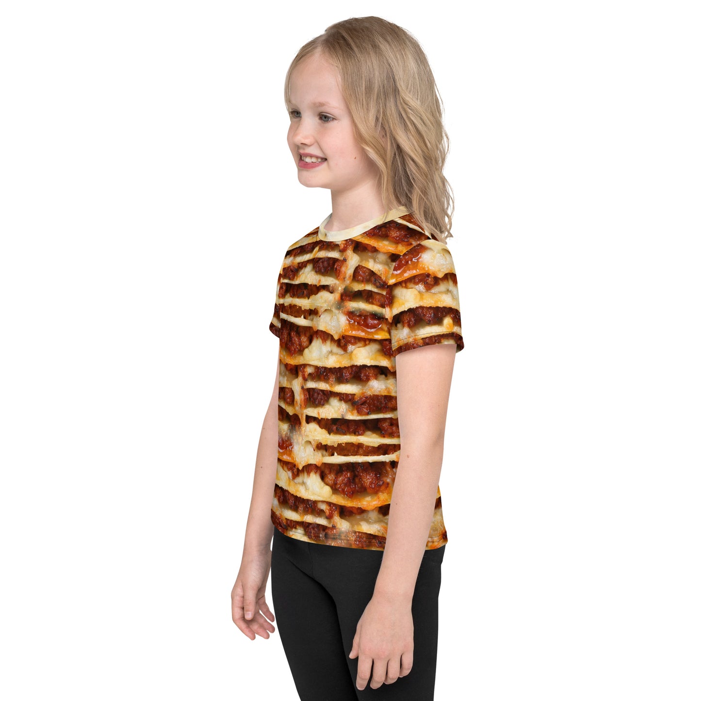 little girl wearing all over print lasagne layers kid's T-shirt, left view