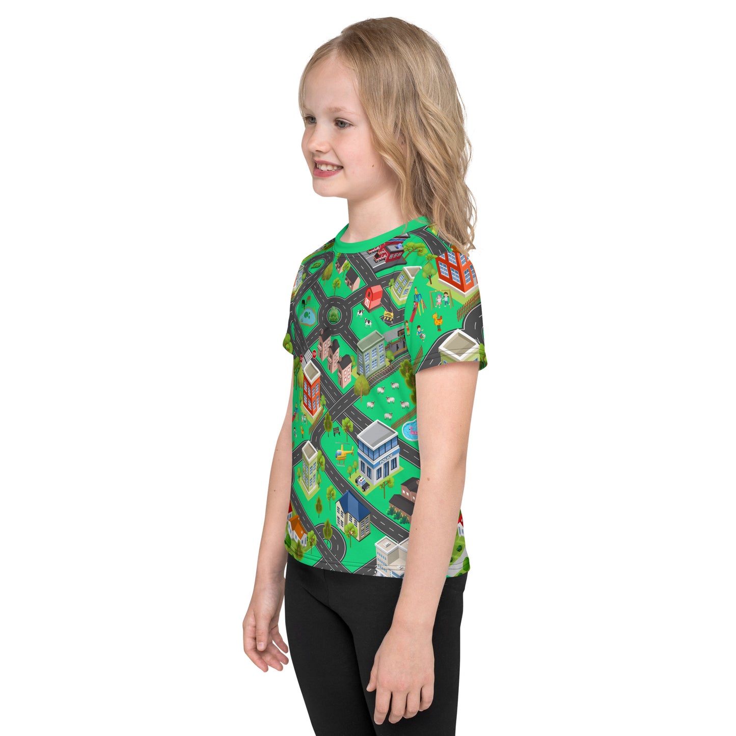 little girl wearing kid's play mat all over print playmat t-shirt, left view