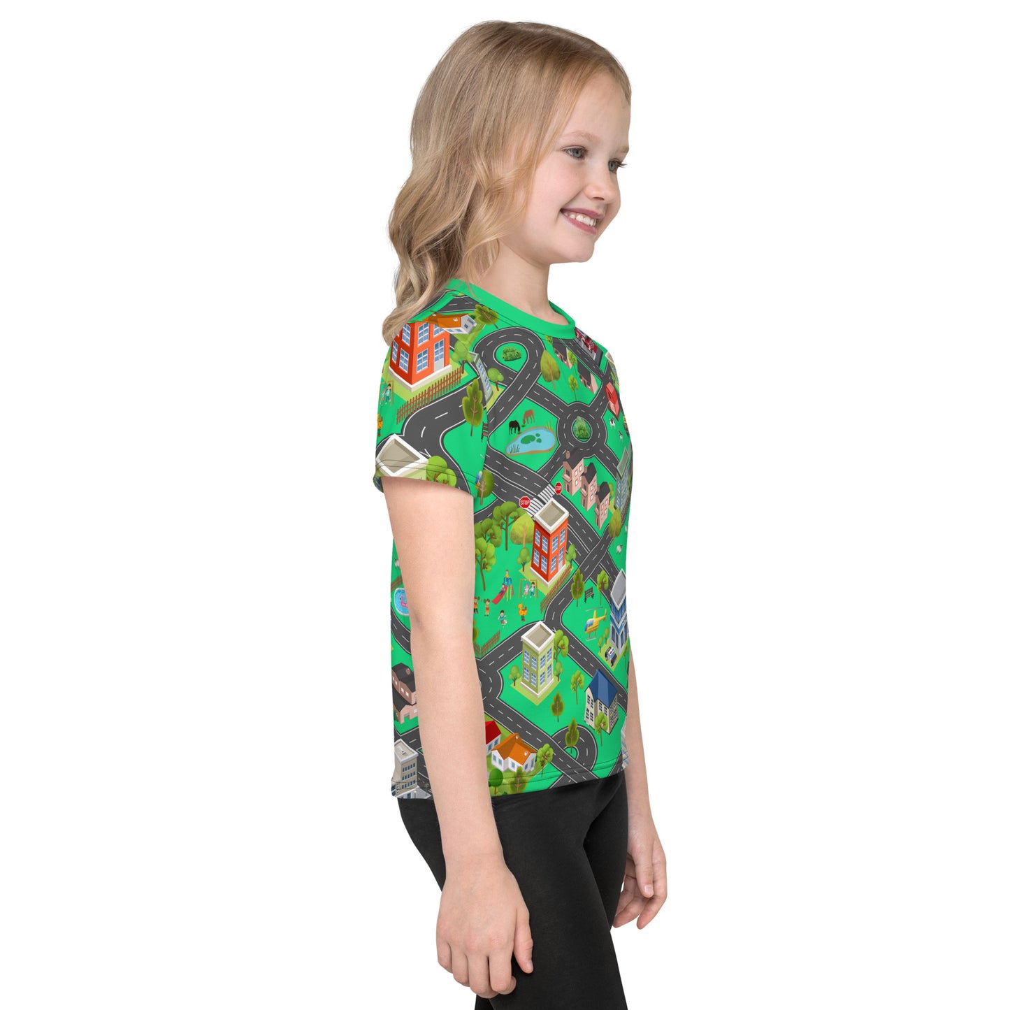 little girl wearing kid's play mat all over print playmat t-shirt, right view