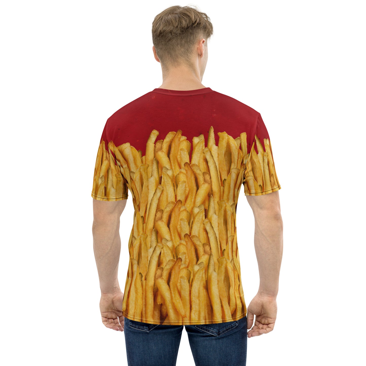 Young man wearing a men's all over print T-shirt with a ketchup base, then layered with golden french fries, delicious! Rear view.