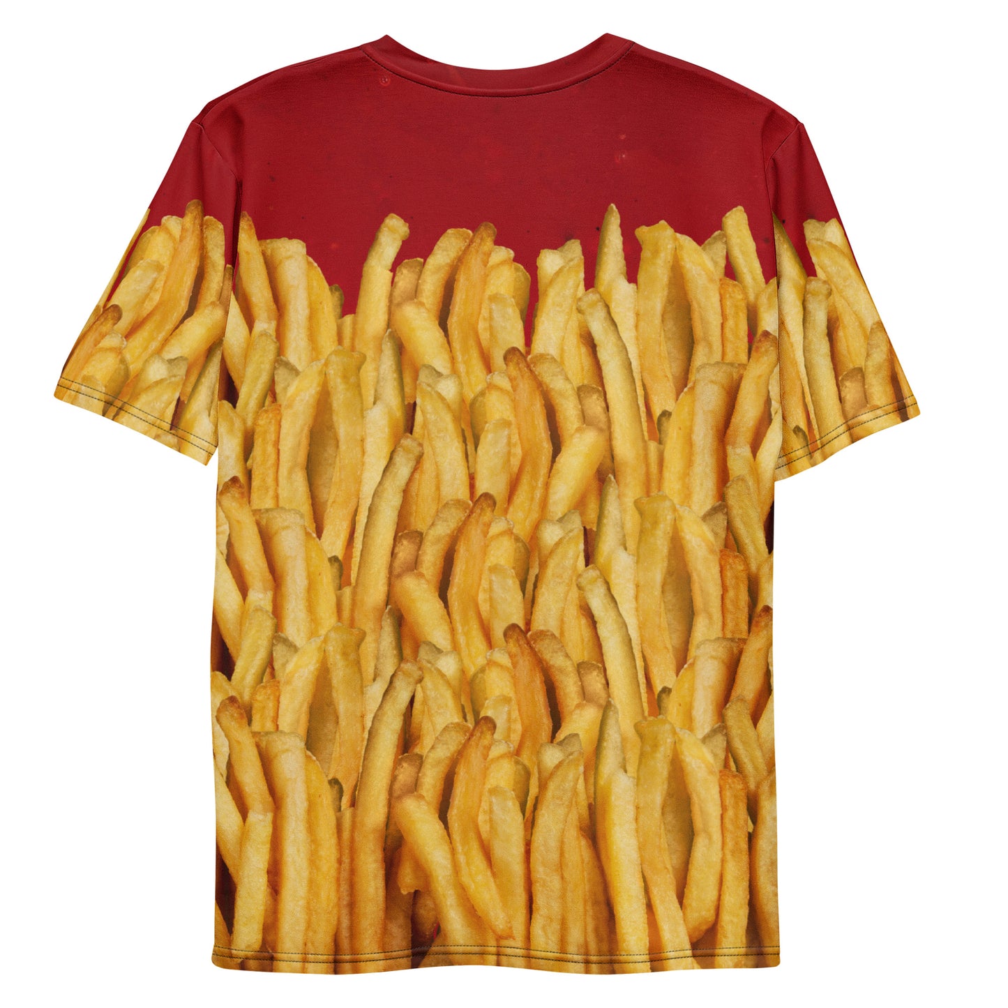 Men's all over print T-shirt with a ketchup base, then layered with golden french fries, delicious! Laid flat, back view.