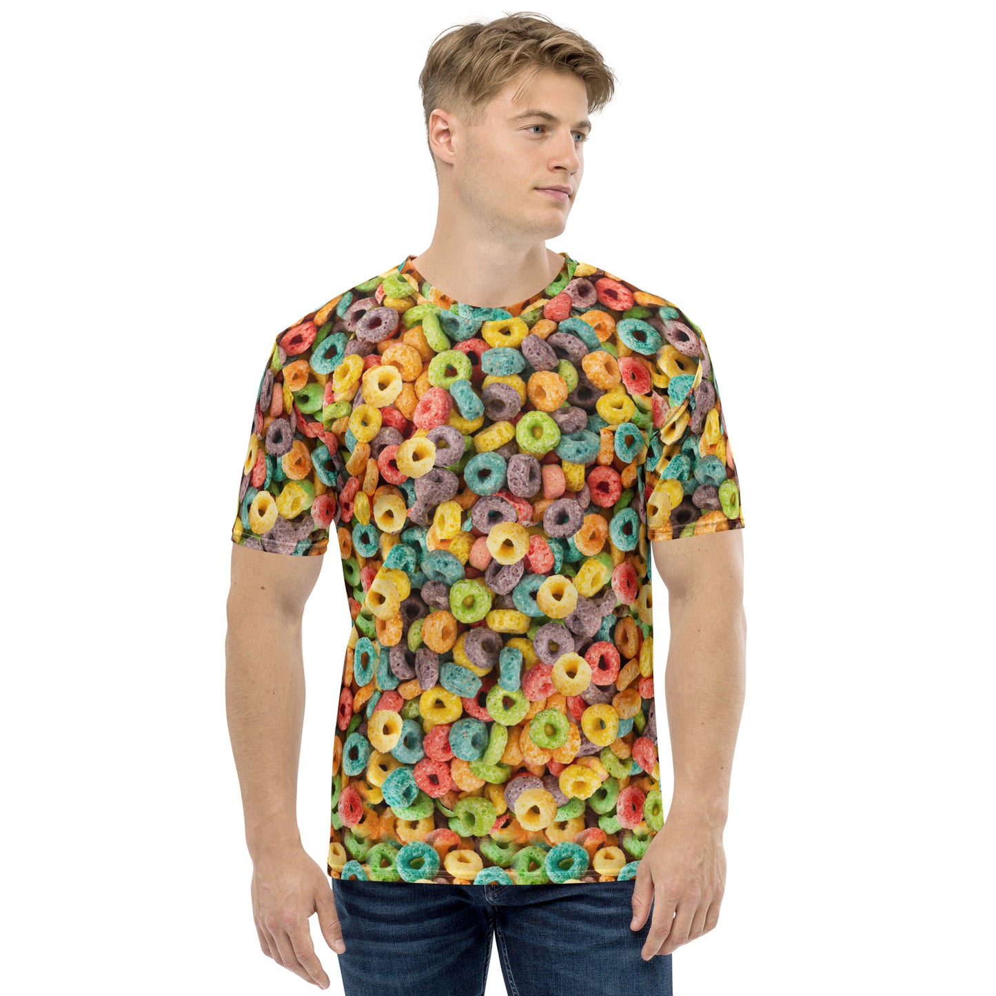 Man wearing Fruity Cereal Loops men's all over print T-shirt, front view.