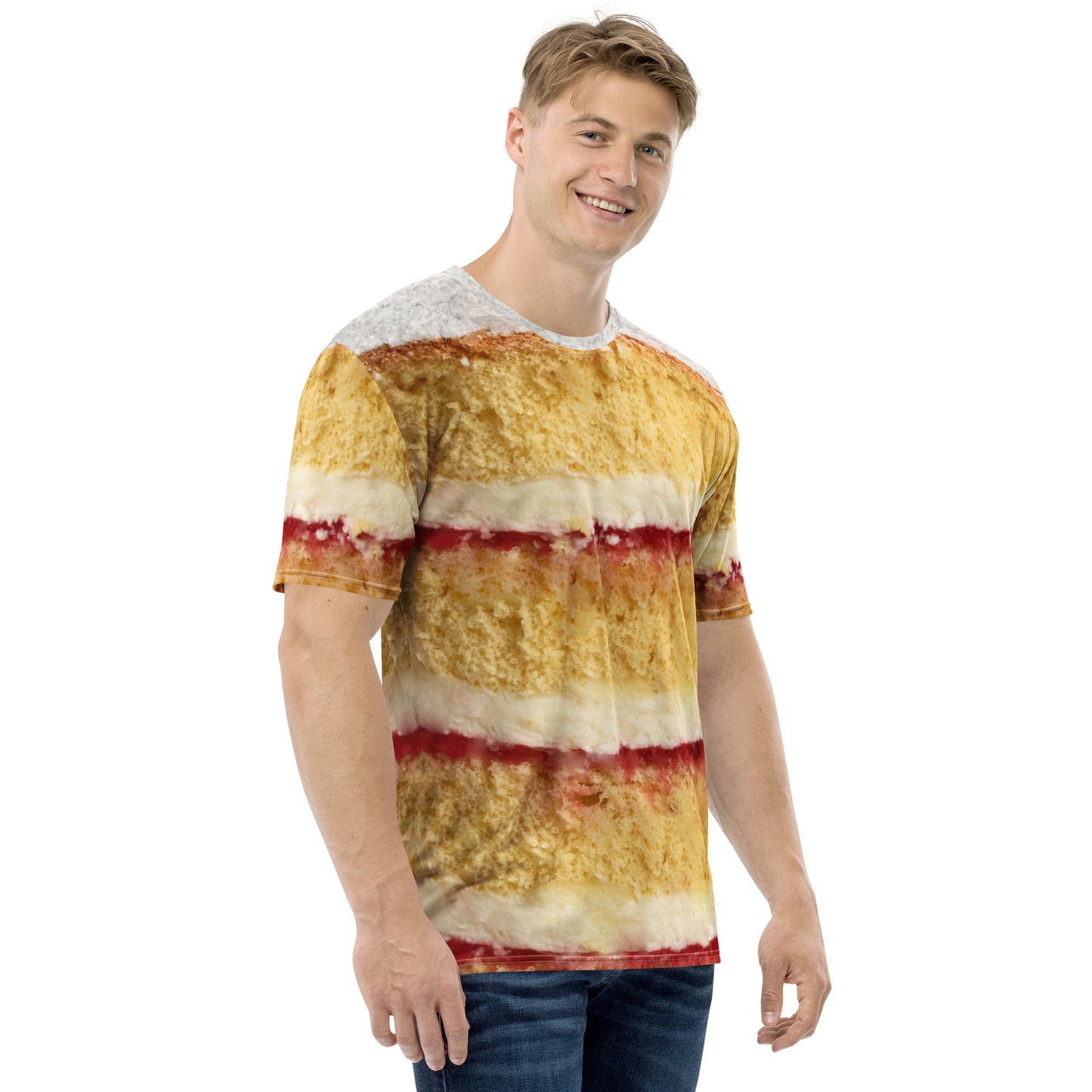 male model wearing Victoria sponge cake layers men's all over print T-shirt front right