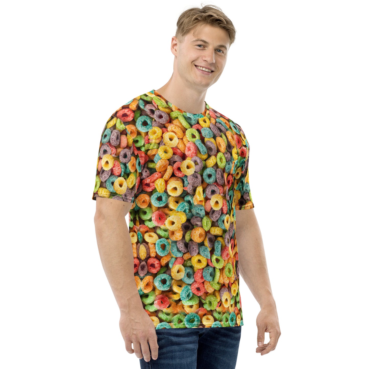 young man wearing Fruity Cereal Loops men's all over print T-shirt, front right view