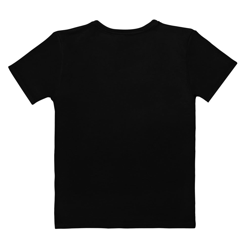 Sexy optical illusion black T-shirt with an open zipper print on the front revealing a sexy cleavage and toned body, rear view, laid flat.