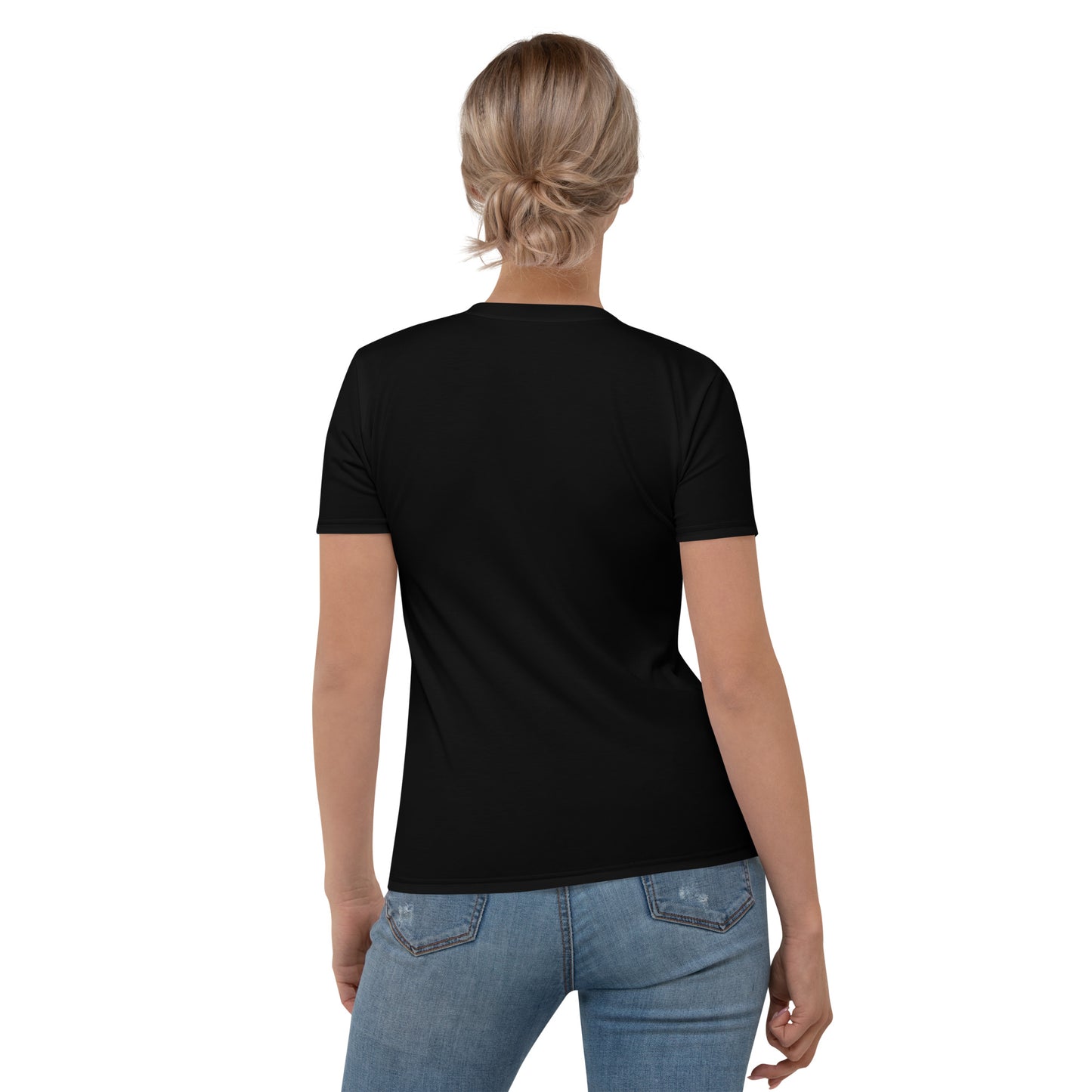 Female model wearing sexy optical illusion black T-shirt with an open zipper print on the front revealing a sexy cleavage and toned body. Rear view.