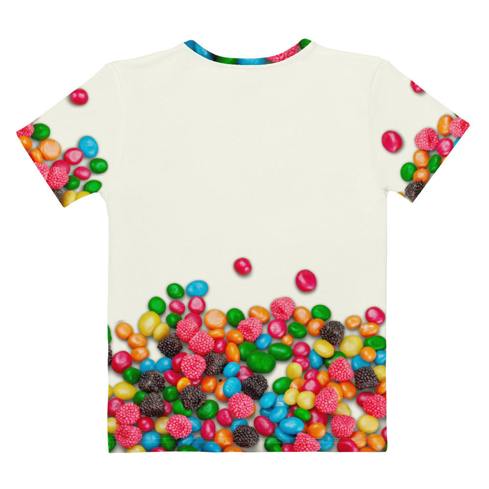 All over print colourful Candy print T-shirt with SWEET! on the front, laid flat, back.