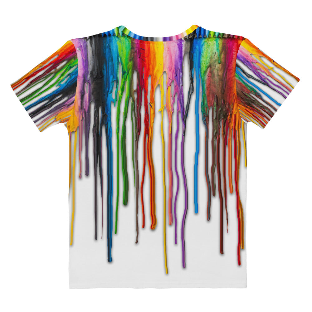 All over print Melted Crayons Dripping down the shirt T-shirt, laid flat, back.