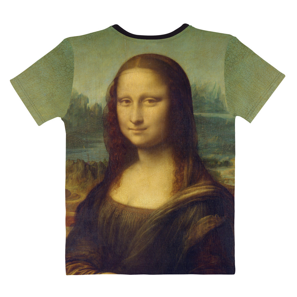 All over print Mona Lisa T-shirt, close up of her face front and back of shirt, laid flat, back of shirt.