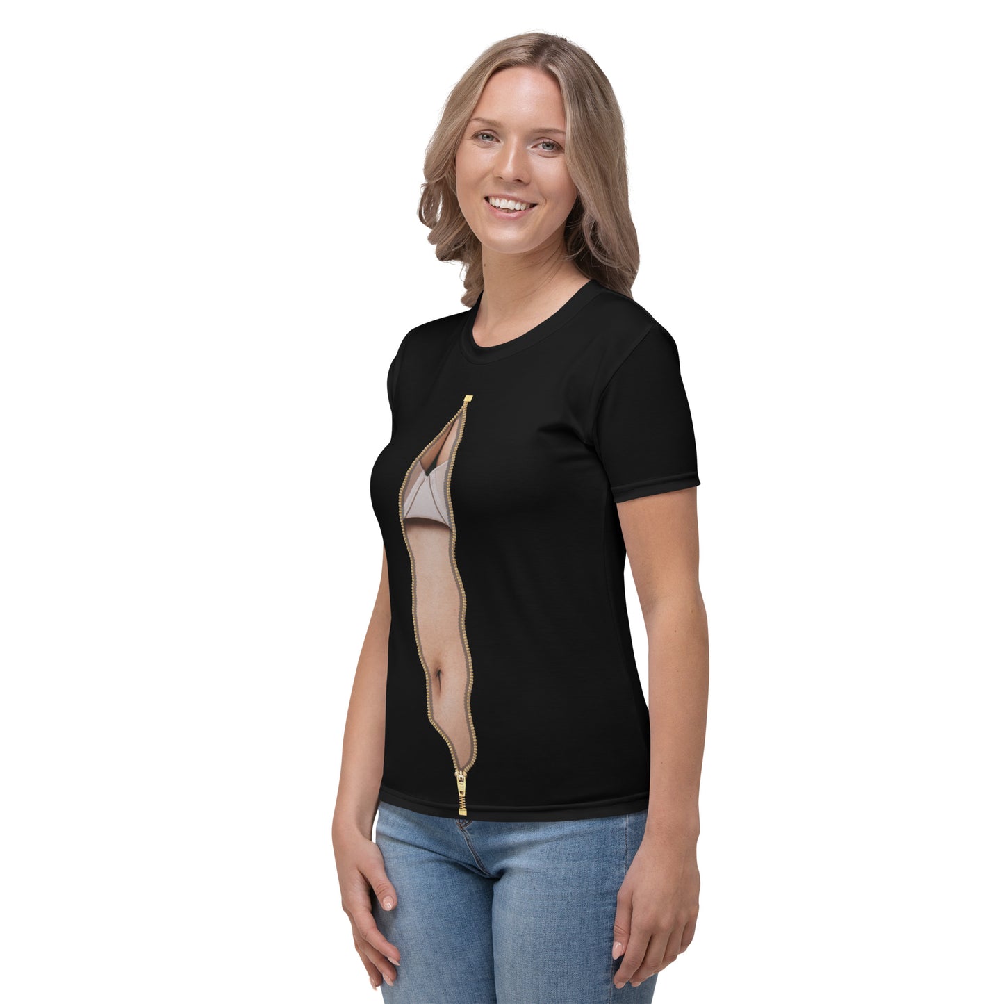 Female model wearing sexy optical illusion black T-shirt with an open zipper print on the front revealing a sexy cleavage and toned body. Front left view.